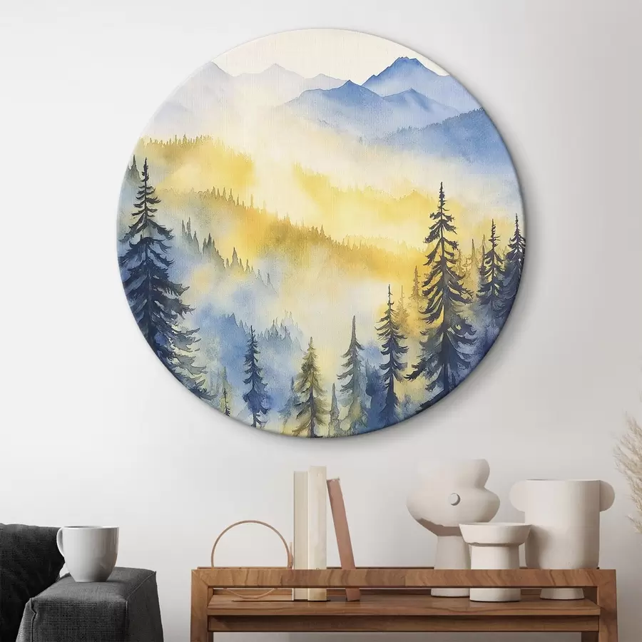 Wandbilder Neblige Berge bei Sonnenaufgang, Kiefernwälder, blaue und gelbe Farben r44602