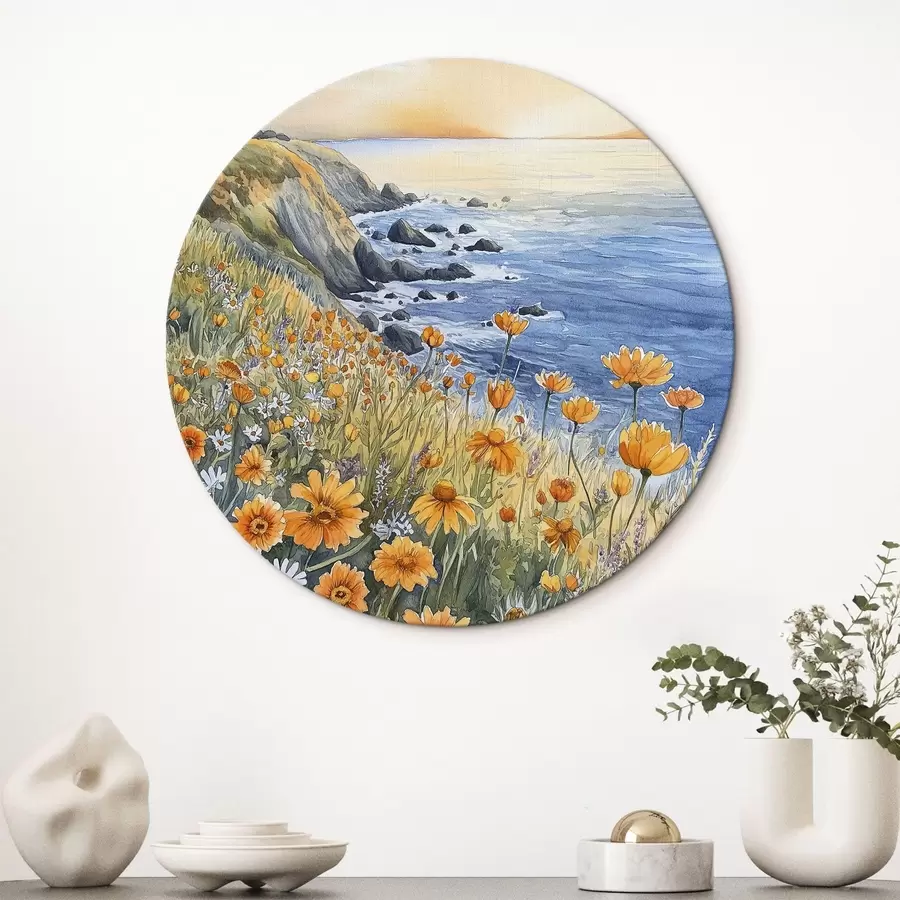 Wandbilder Klippe mit orangefarbenen Blumen, Meeresküste, Portugal, Aquarellstil r44604