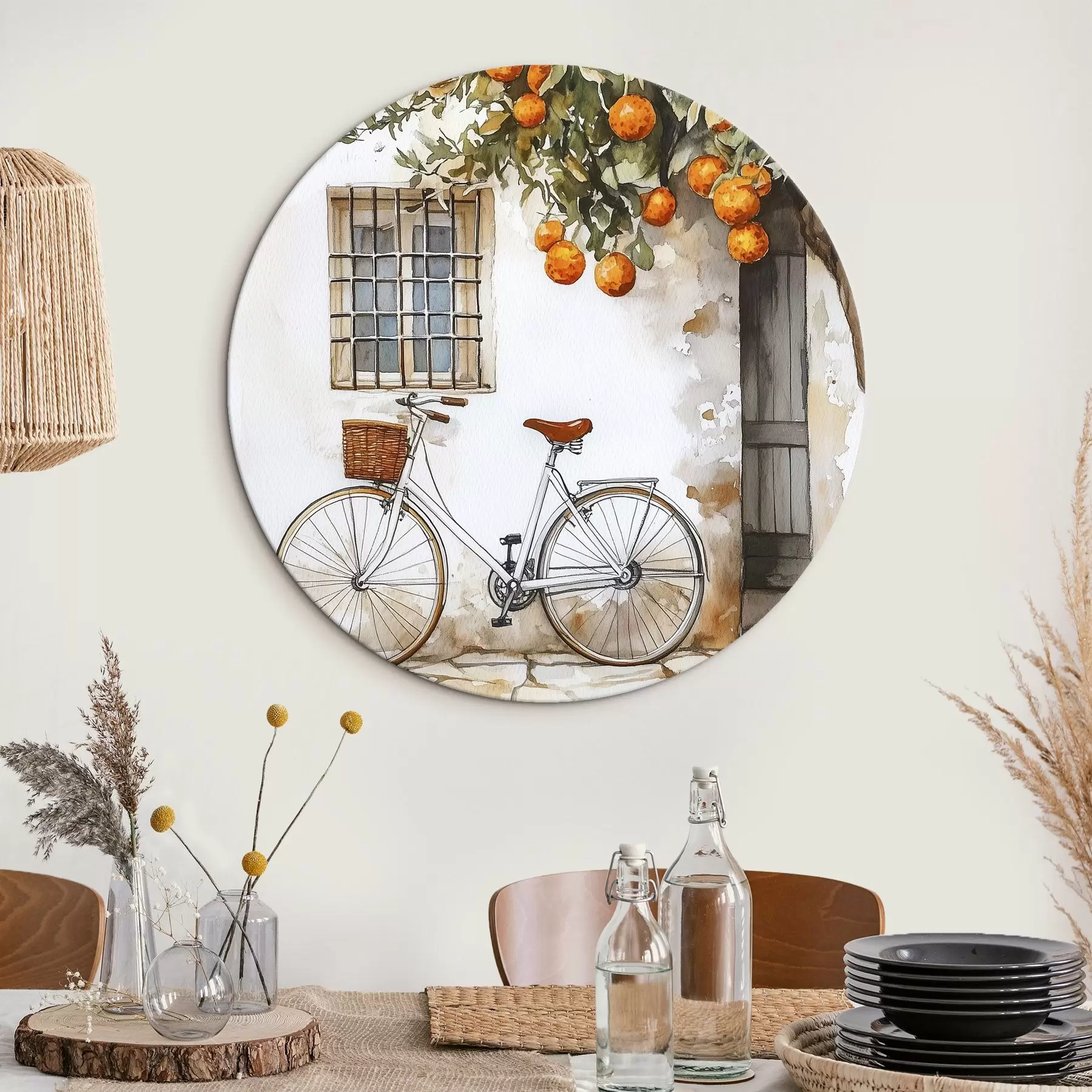 Wandbilder Weißes mediterranes Haus mit Orangenbaum und Fahrrad r44610