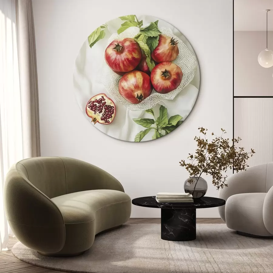 Wandbilder Granatäpfel mit Minzblättern auf den Leinentischdecken, rustikaler Stil r44611