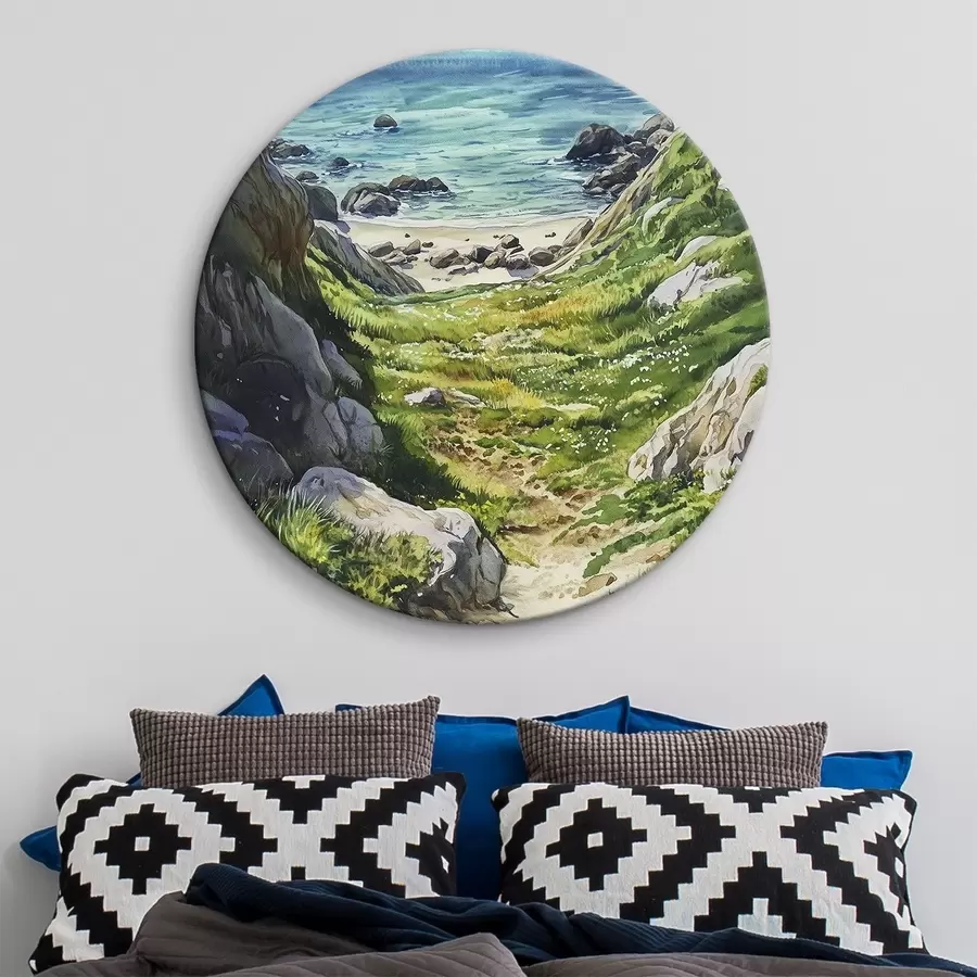 Wandbilder Meeresküste mit Felsen und grünem Gras, Aquarellstil, Sommer r44616