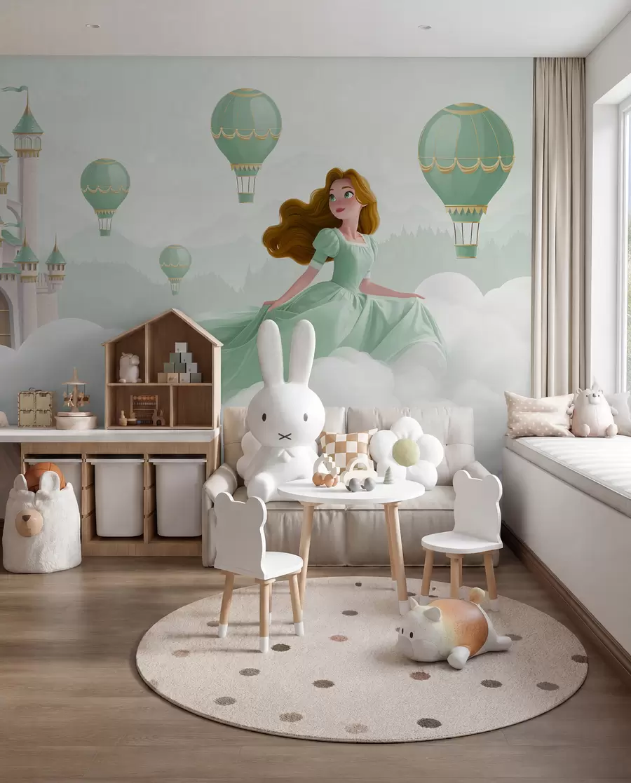 Fototapete Prinzessin zwischen den Wolken auf dem Hintergrund der Landschaft mit dem Schloss w04015v2