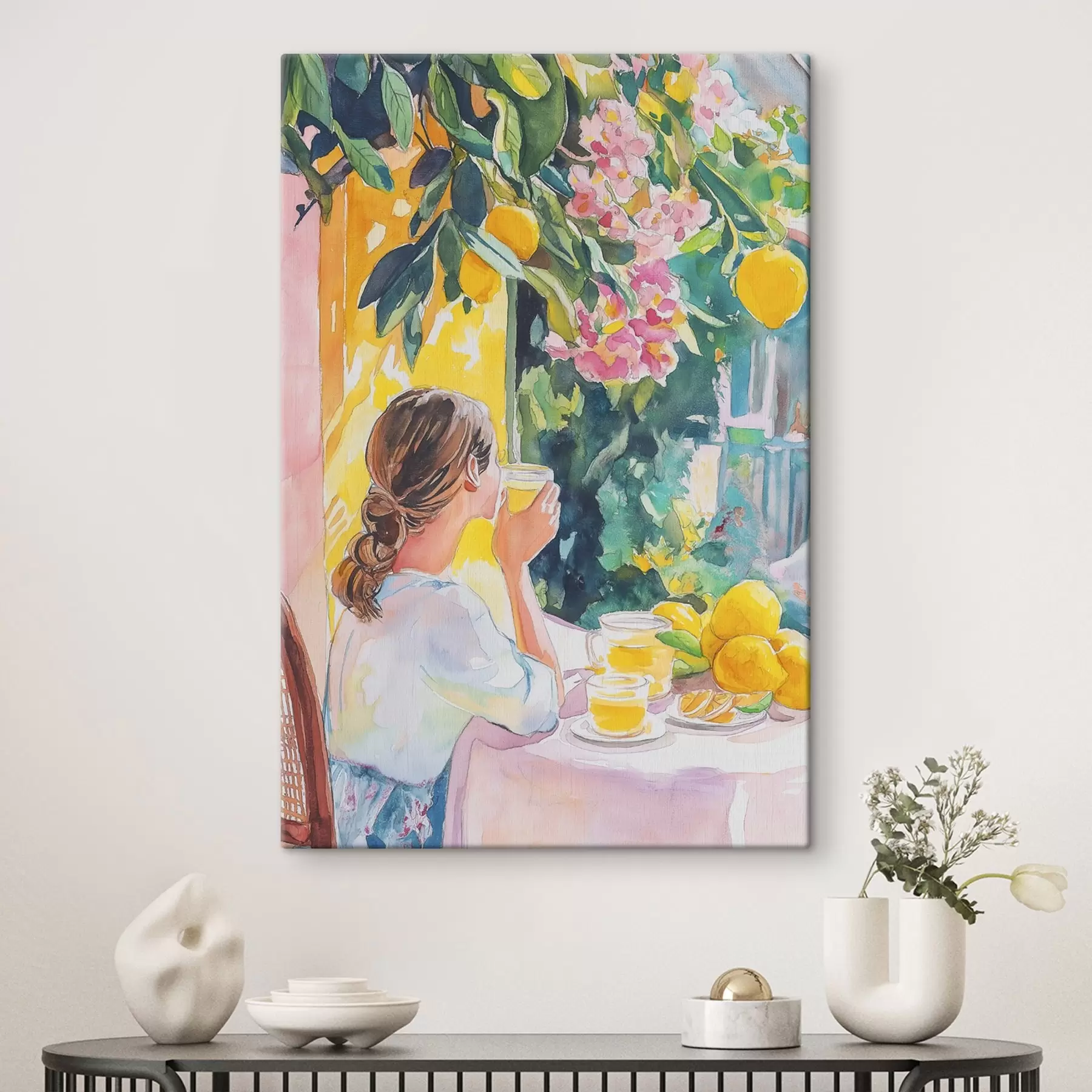 Fototapete Sommerstimmung, Mädchen im Cafe, Limoncello, Italien, Aquarellstil s44505