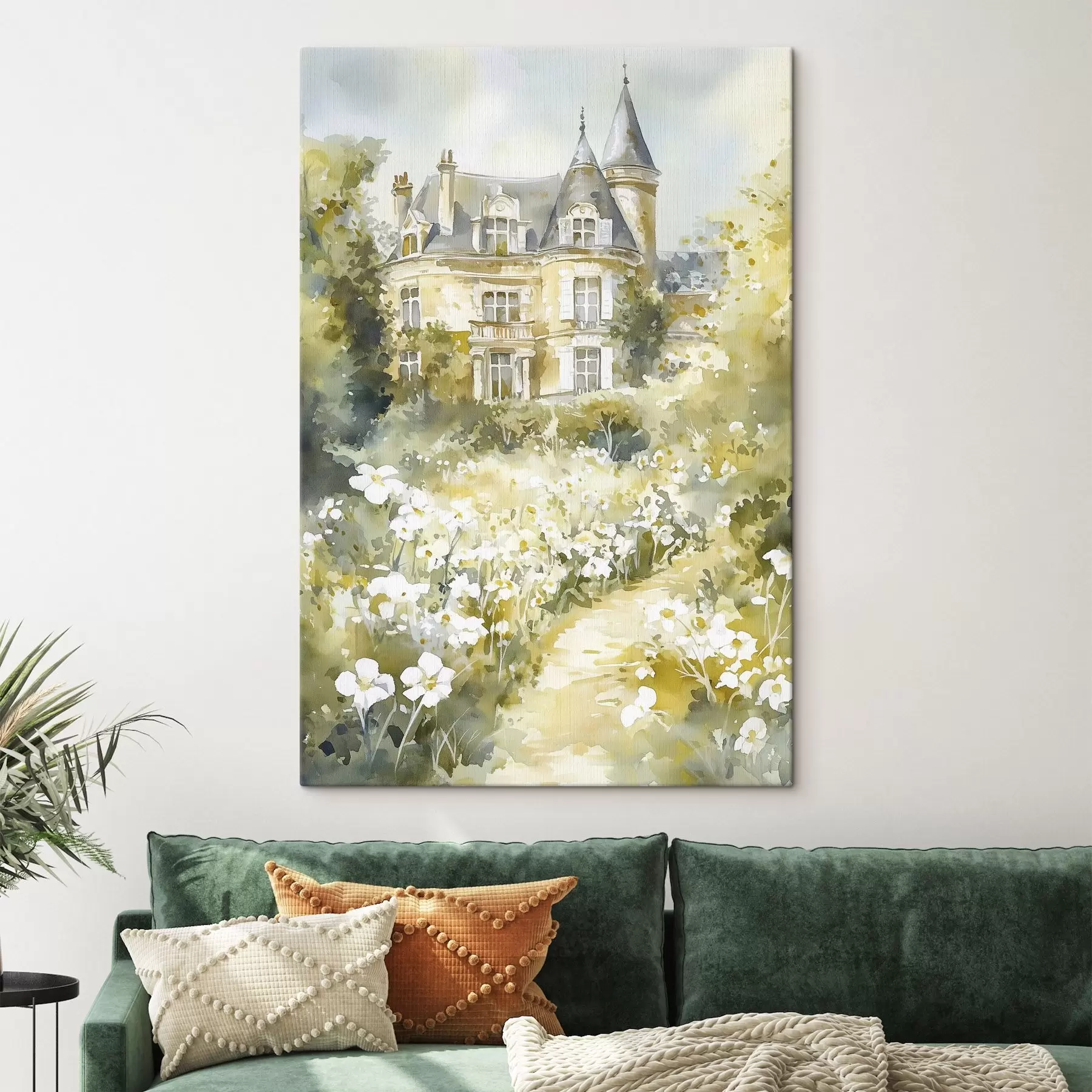 Fototapete Schönes Schloss mit Grünzeug und weißen Blumen, Aquarell-Stil s44506
