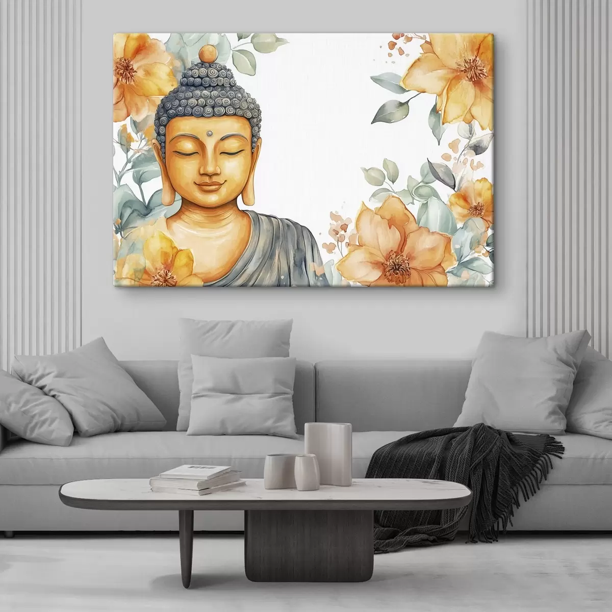 Wandbilder Buddha umgeben von orangefarbenen Blumen, Aquarellstil s44508