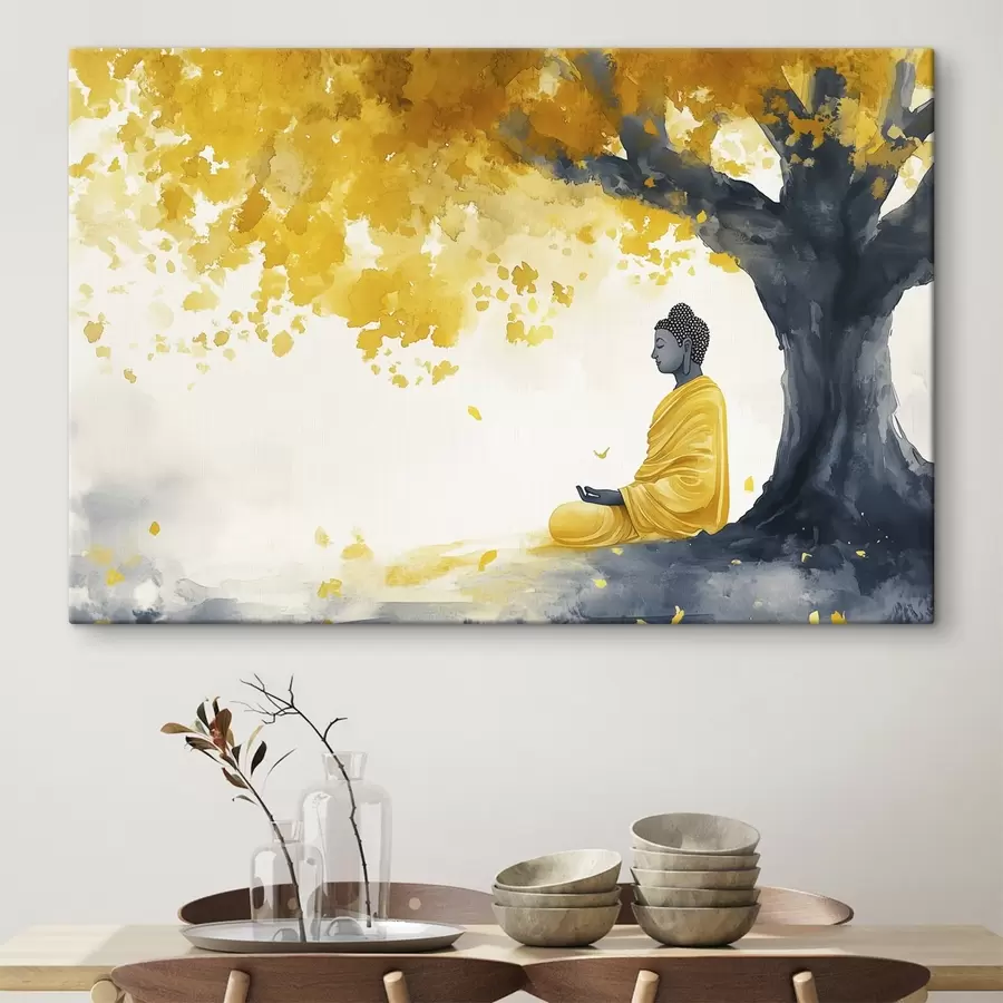Wandbilder Meditierender Buddha unter dem Baum, gelbe und graue Farben s44509