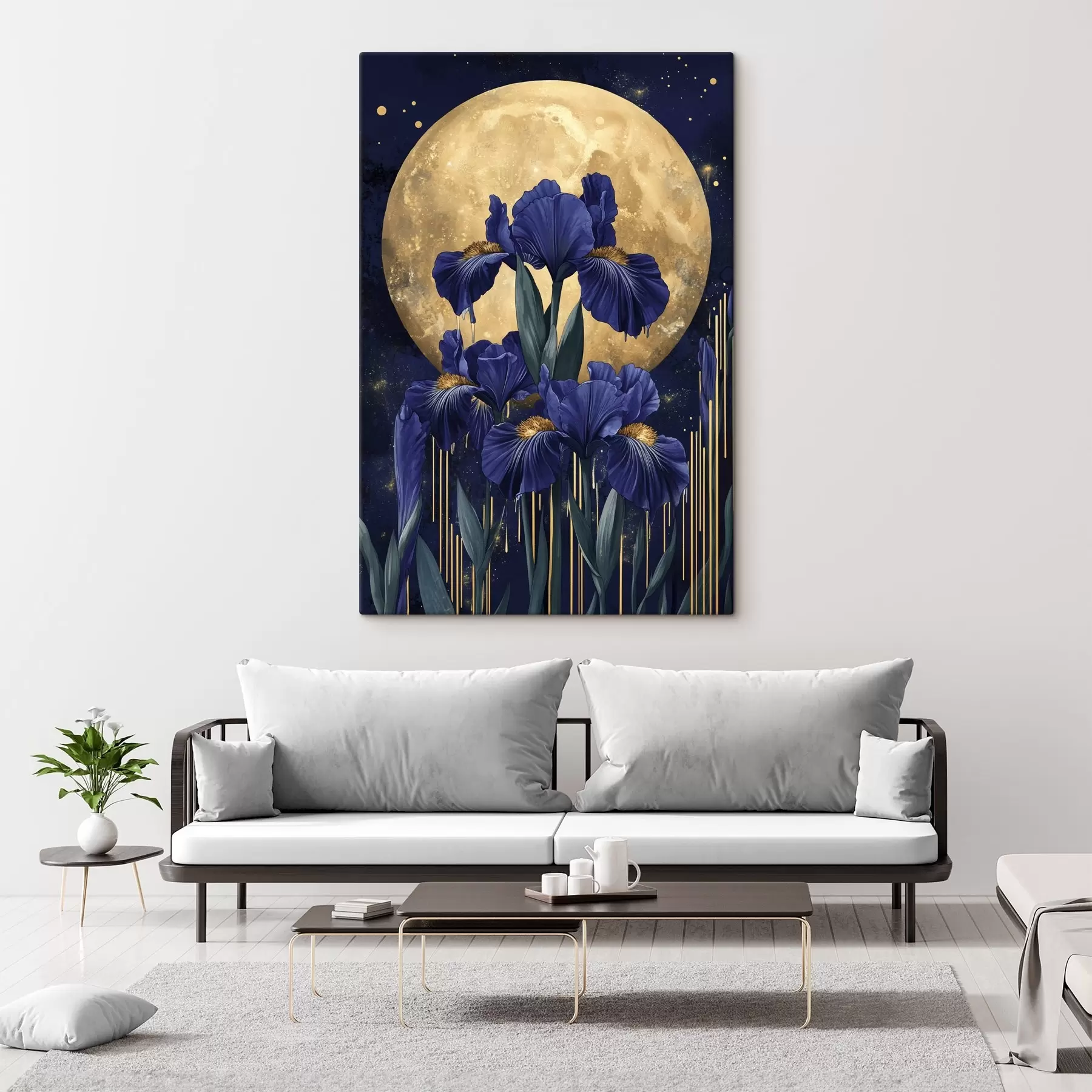 Wandbilder Irisblüten, leuchtender Mond, Nachthimmel, blaue Farben s44510