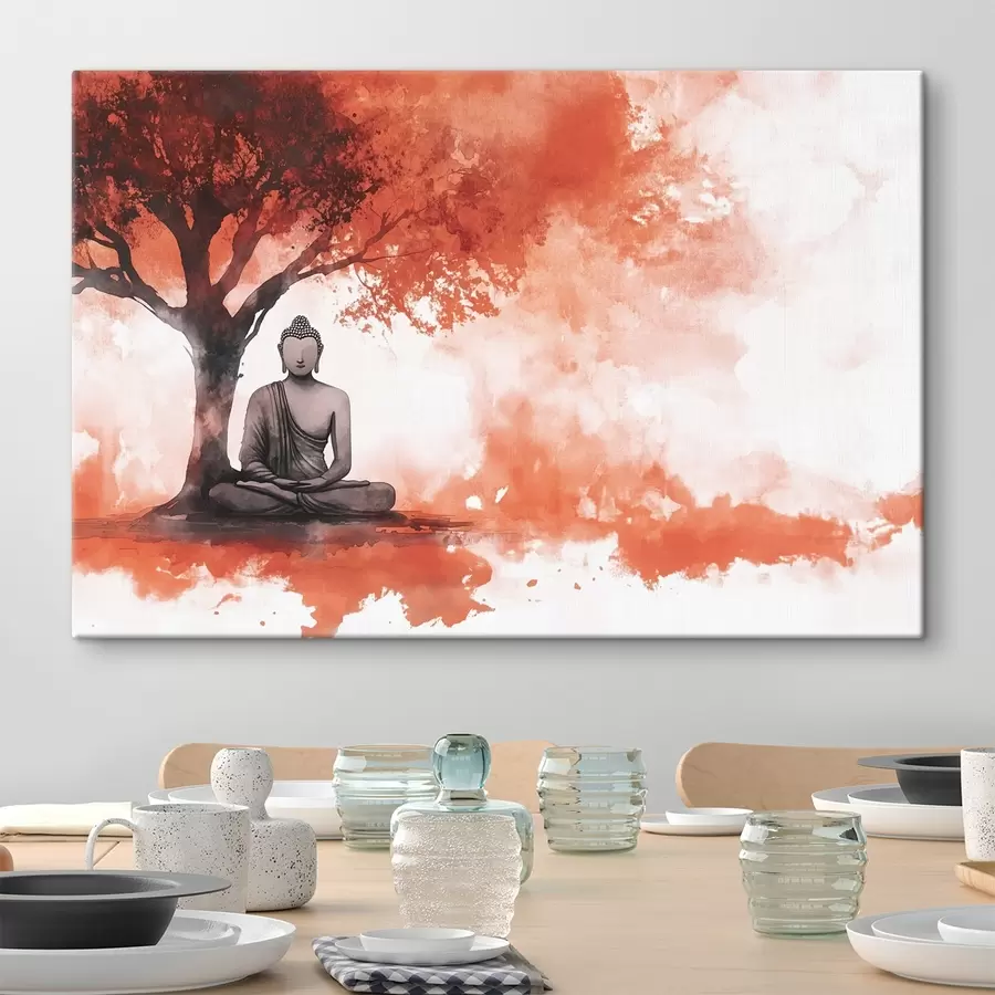 Wandbilder Buddha sitzt unter dem Baum, Meditation, spirituell, orange Farben s44512