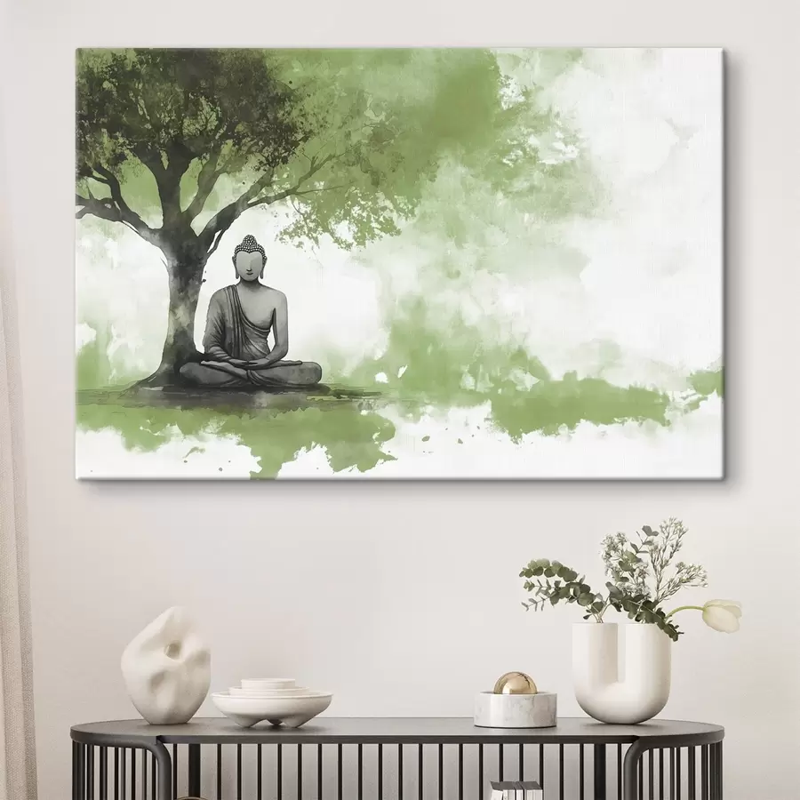 Wandbilder Buddha sitzt unter dem Baum, Meditation, spirituell, grüne Farben s44512v1