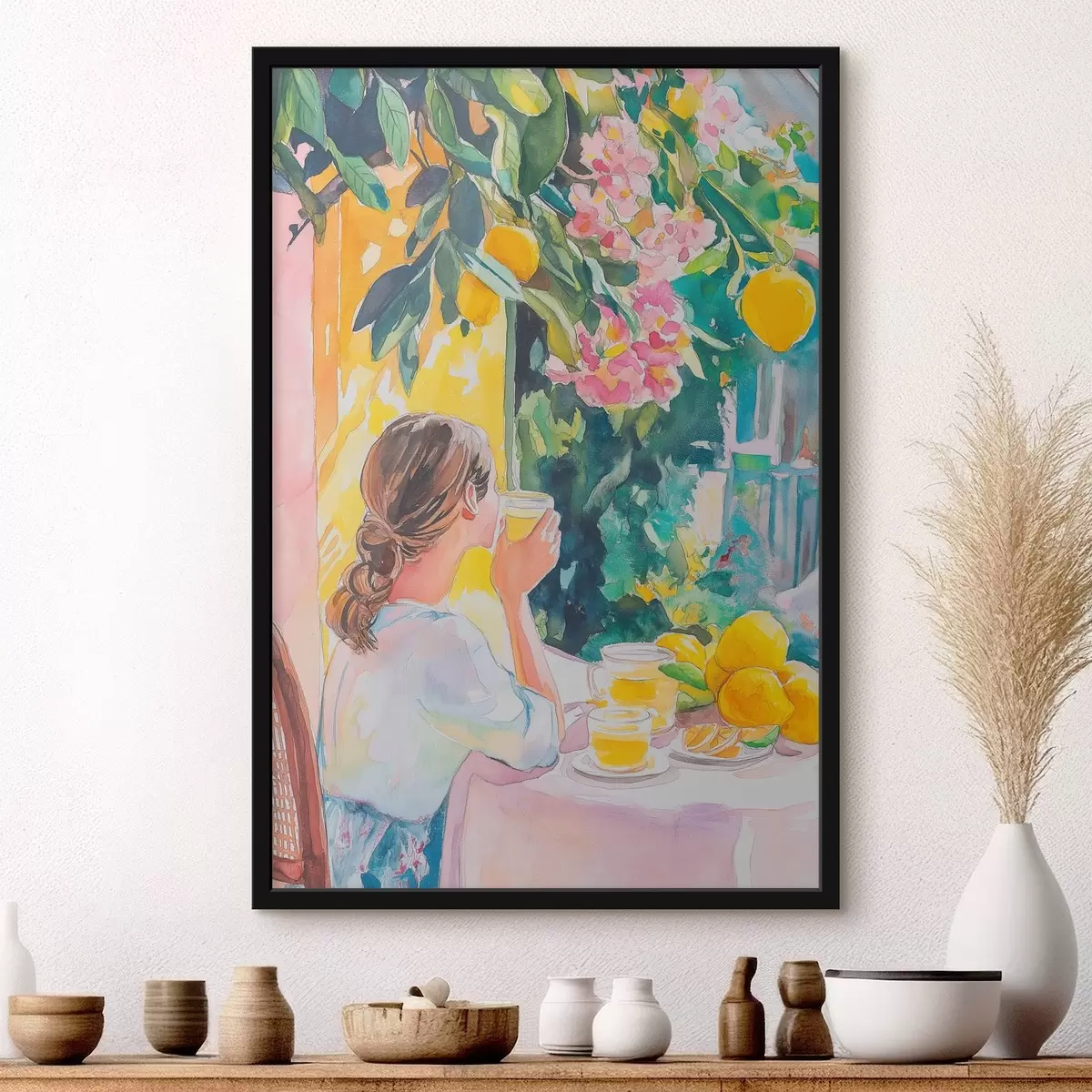 Poster Sommerstimmung, Mädchen im Cafe, Limoncello, Italien, Aquarellstil f44505