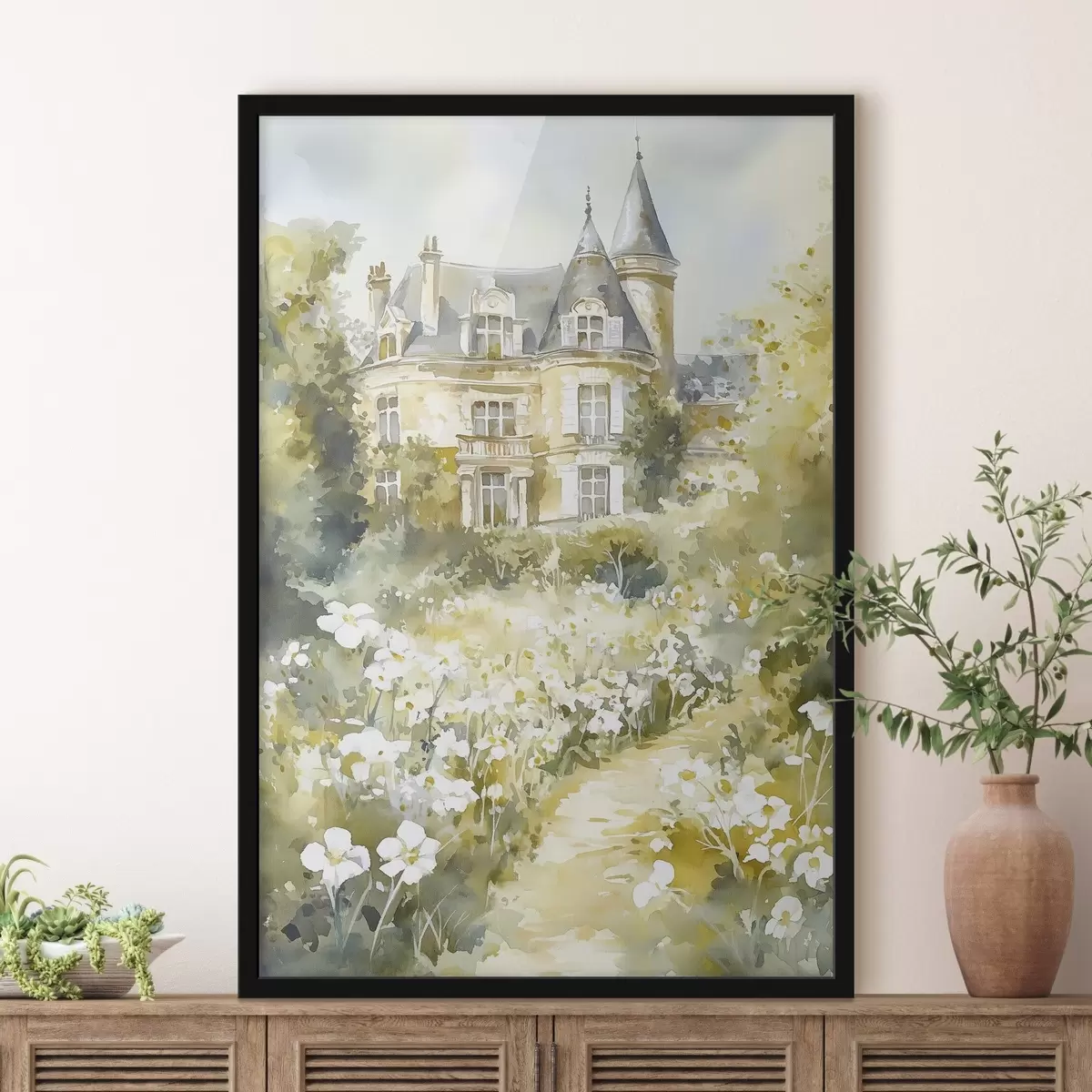 Poster Schönes Schloss mit Grünzeug und weißen Blumen, Aquarell-Stil f44506