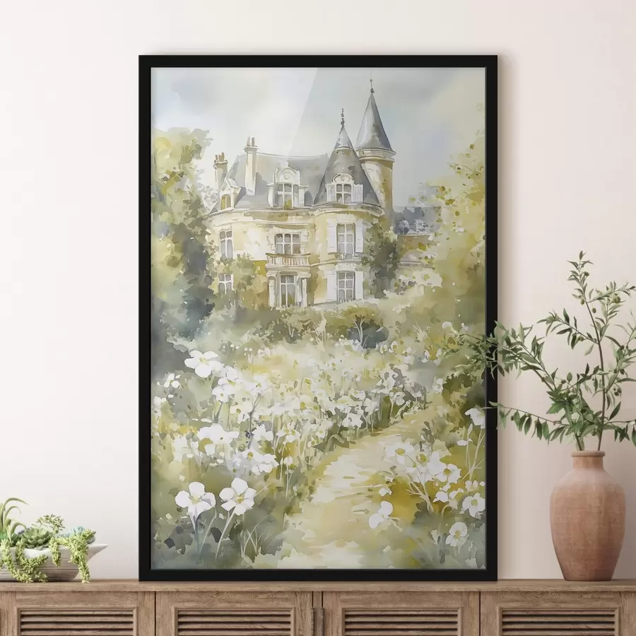 Fototapete Schönes Schloss mit Grünzeug und weißen Blumen, Aquarell-Stil f44506