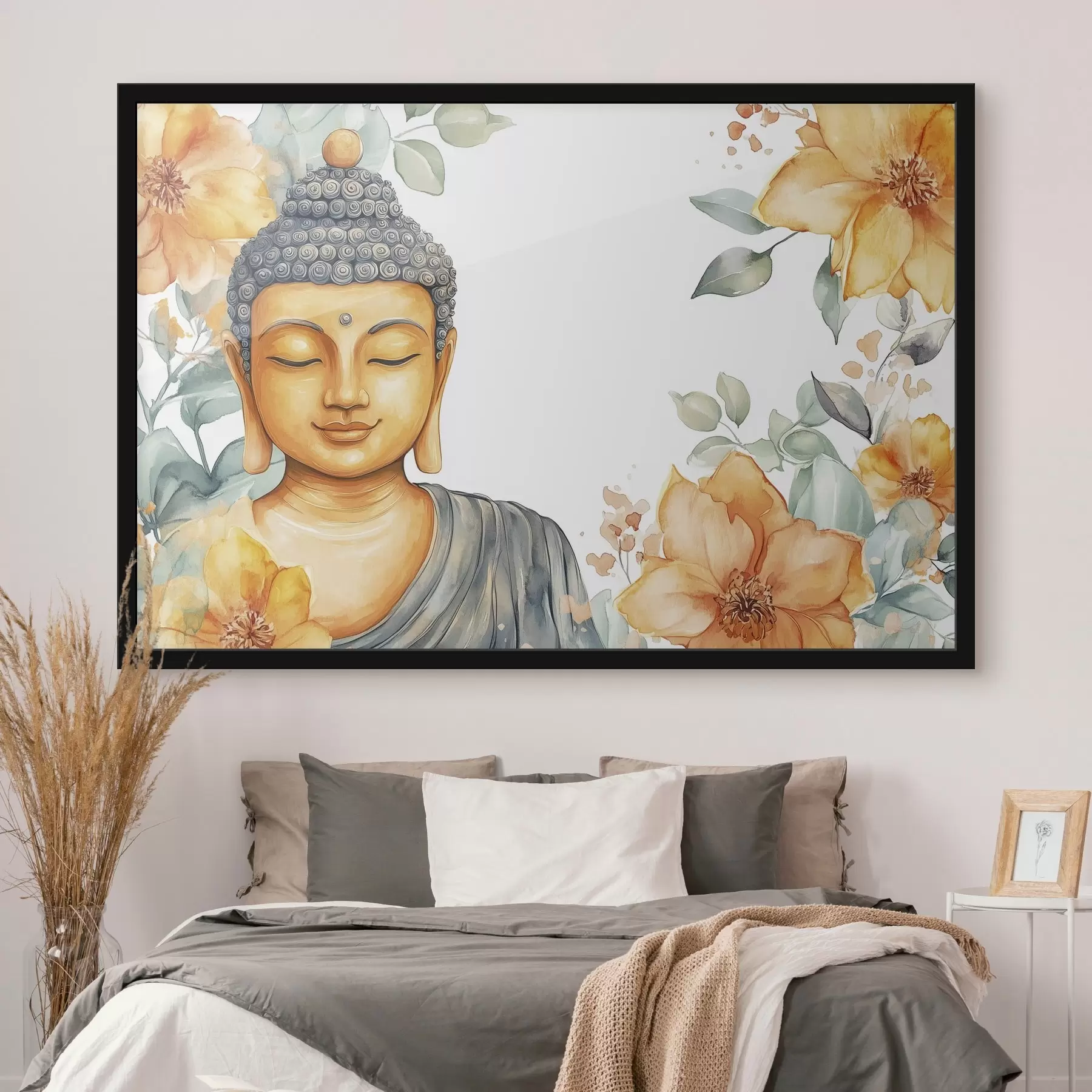 Fototapete Buddha umgeben von orangefarbenen Blumen, Aquarellstil f44508