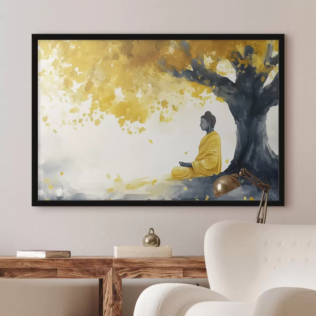 Poster Meditierender Buddha unter dem Baum, gelbe und graue Farben f44509