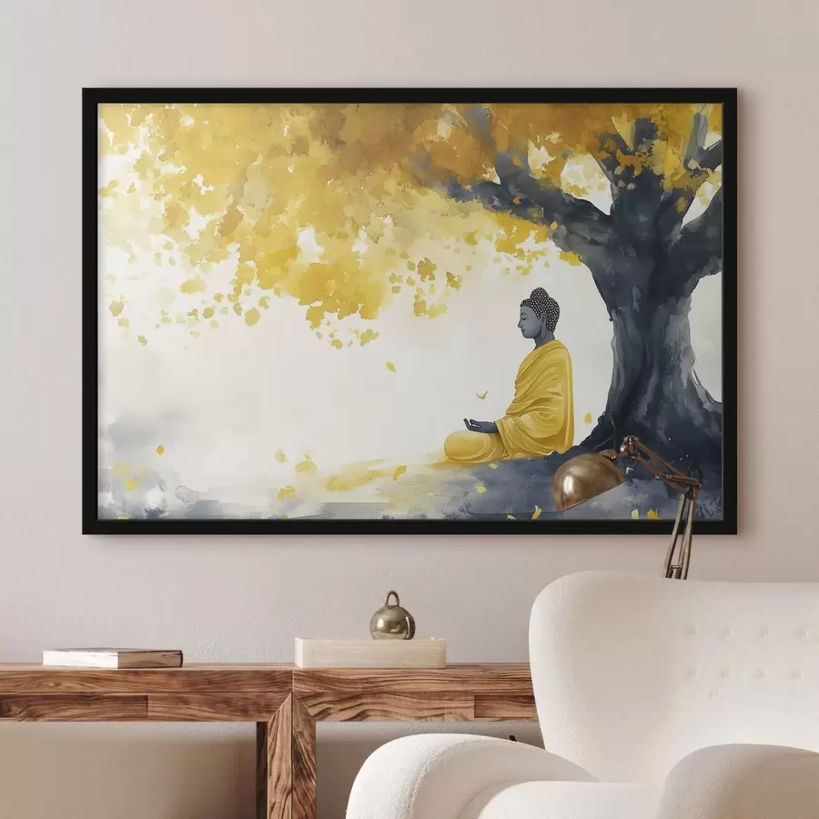 Fototapete Meditierender Buddha unter dem Baum, gelbe und graue Farben f44509