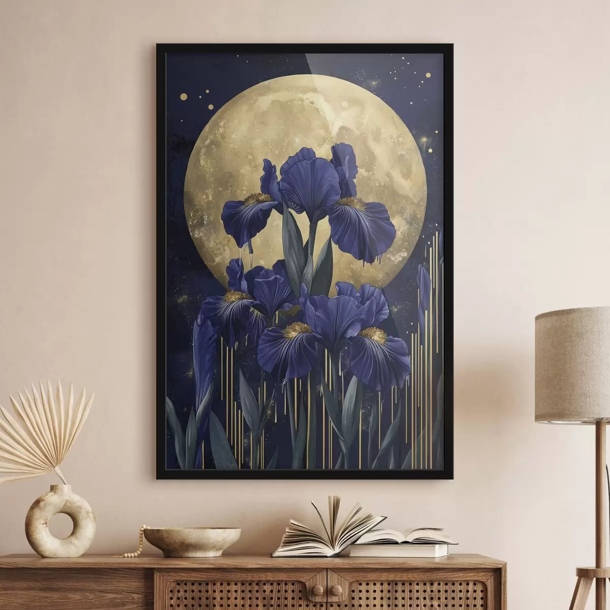 Poster Irisblüten, leuchtender Mond, Nachthimmel, blaue Farben f44510