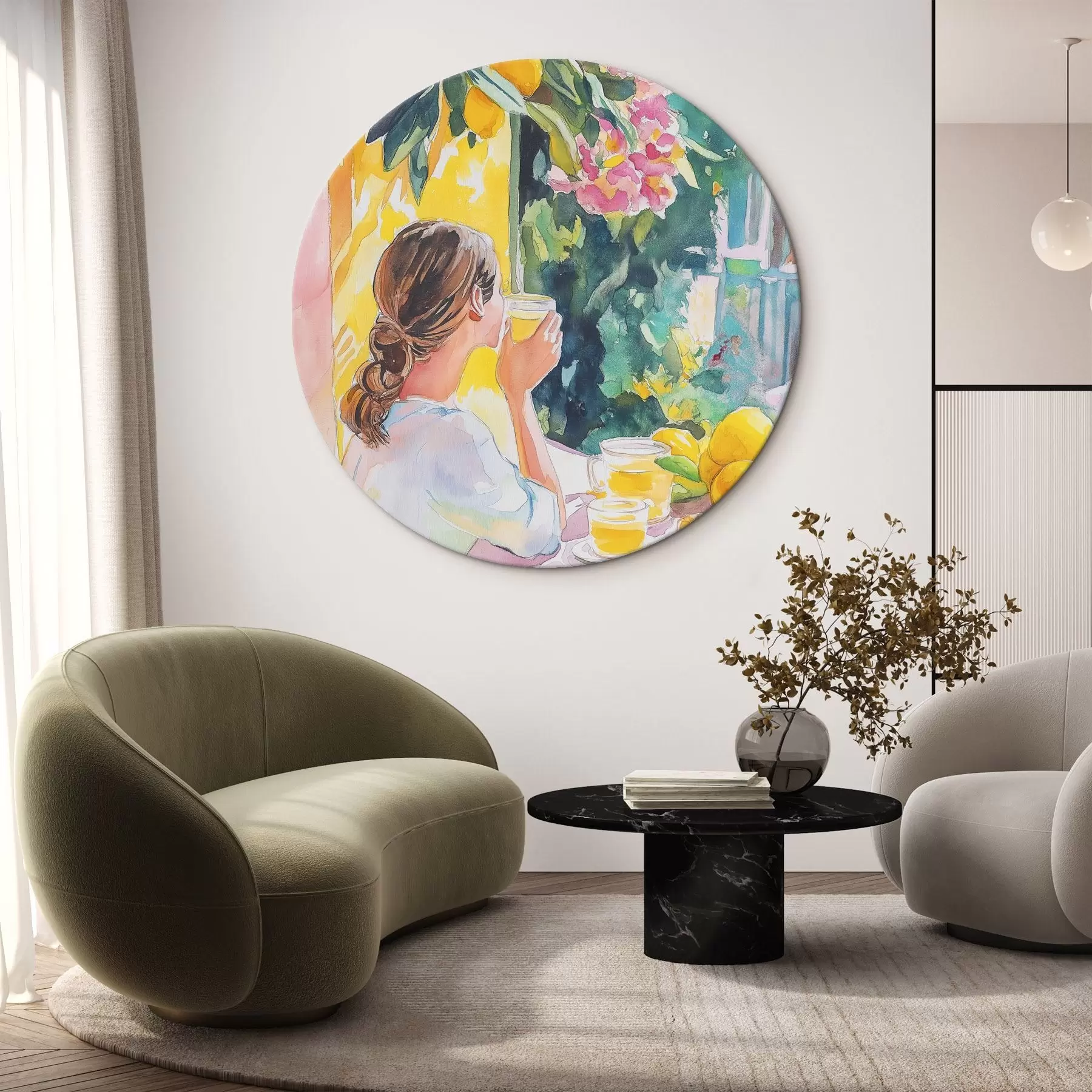Wandbilder Sommerstimmung, Mädchen im Cafe, Limoncello, Italien, Aquarellstil r44505
