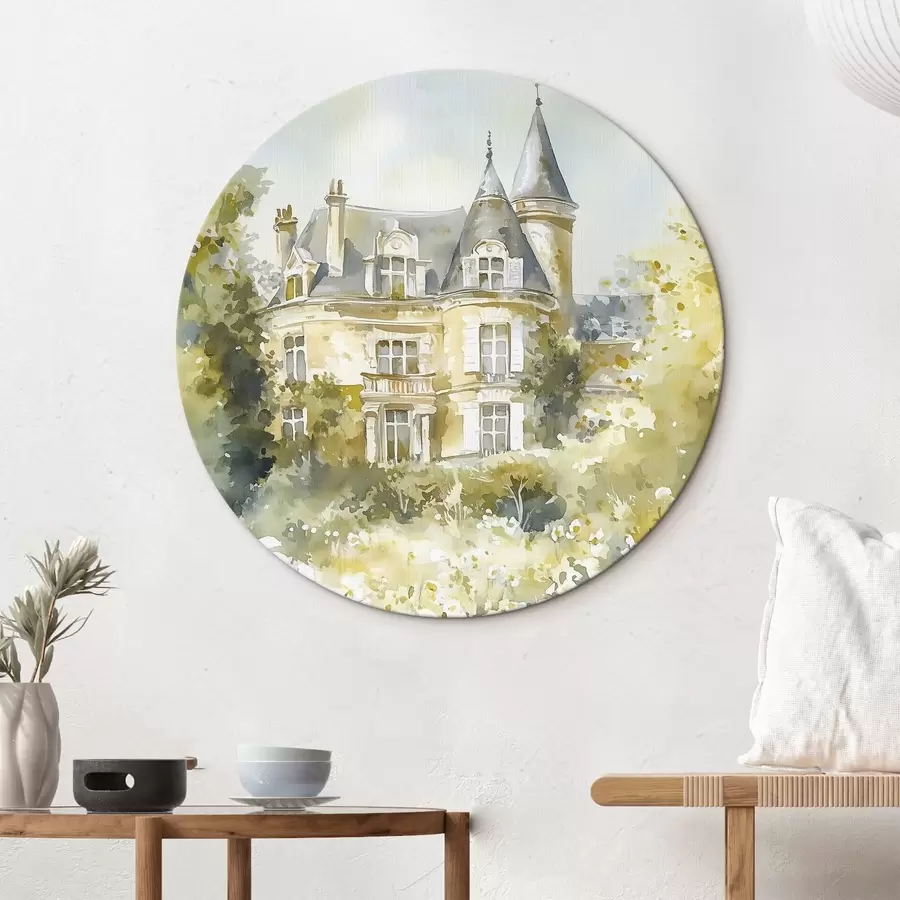 Wandbilder Schönes Schloss mit Grünzeug und weißen Blumen, Aquarell-Stil r44506