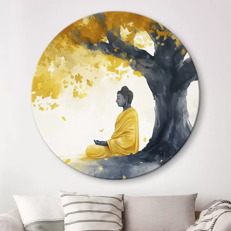 Wandbilder Meditierender Buddha unter dem Baum, gelbe und graue Farben r44509