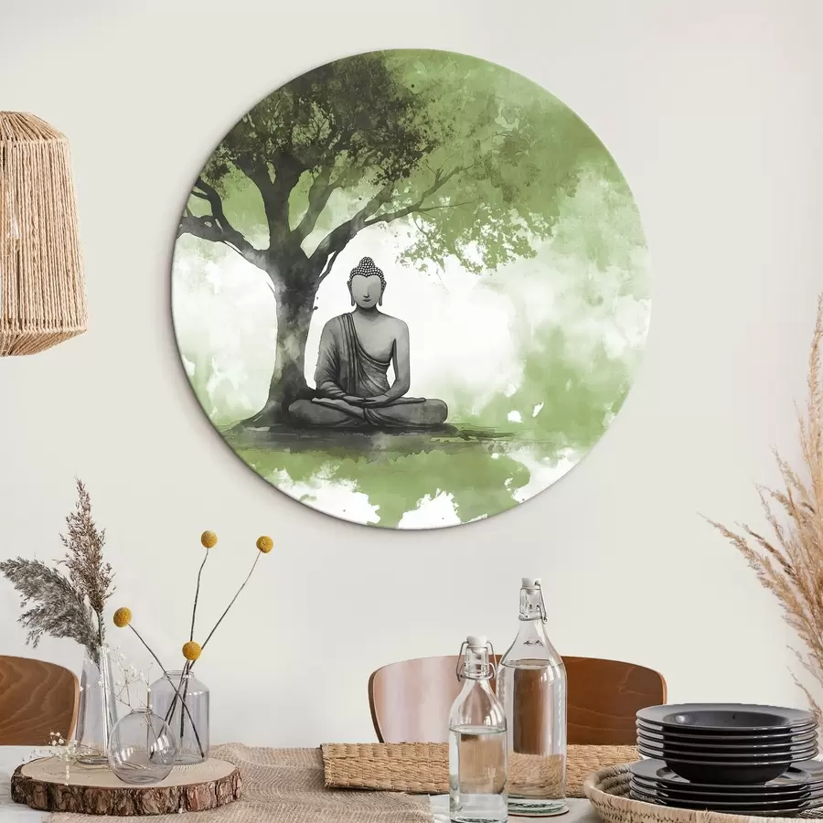 Wandbilder Buddha sitzt unter dem Baum, Meditation, spirituell, grüne Farben r44512v1