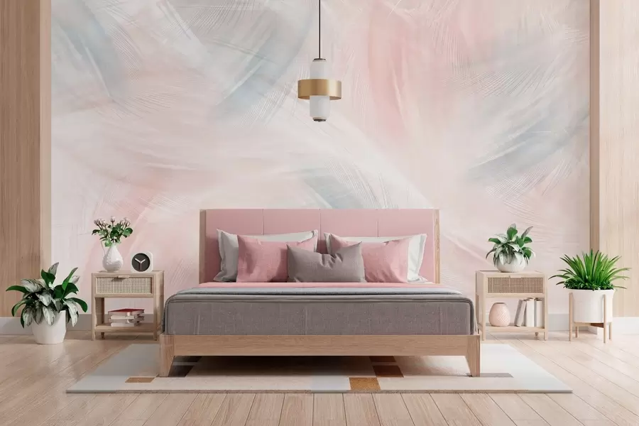 Fototapete luftige Federn in rosa und blauen Farbtönen w04071