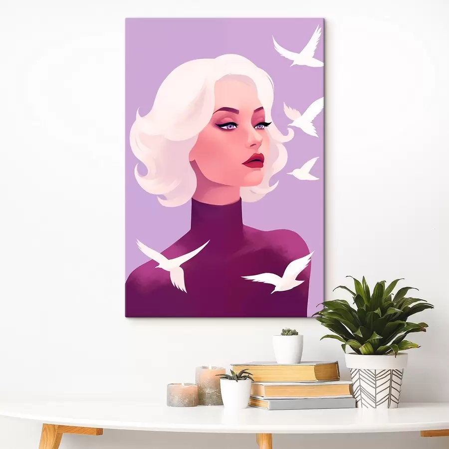 Wandbilder Weibliches Porträt mit weißen Haaren auf dem Hintergrund mit Vögeln s44681