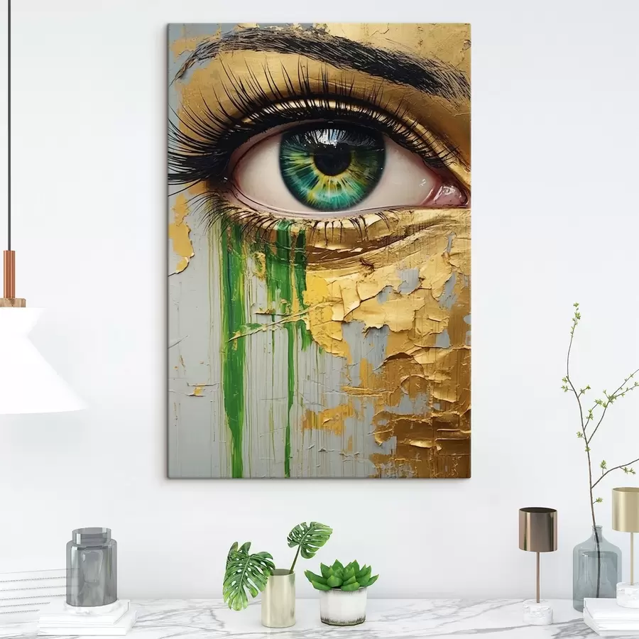 Wandbilder Grünes Auge auf dem Hintergrund von gerissener Farbe s44690