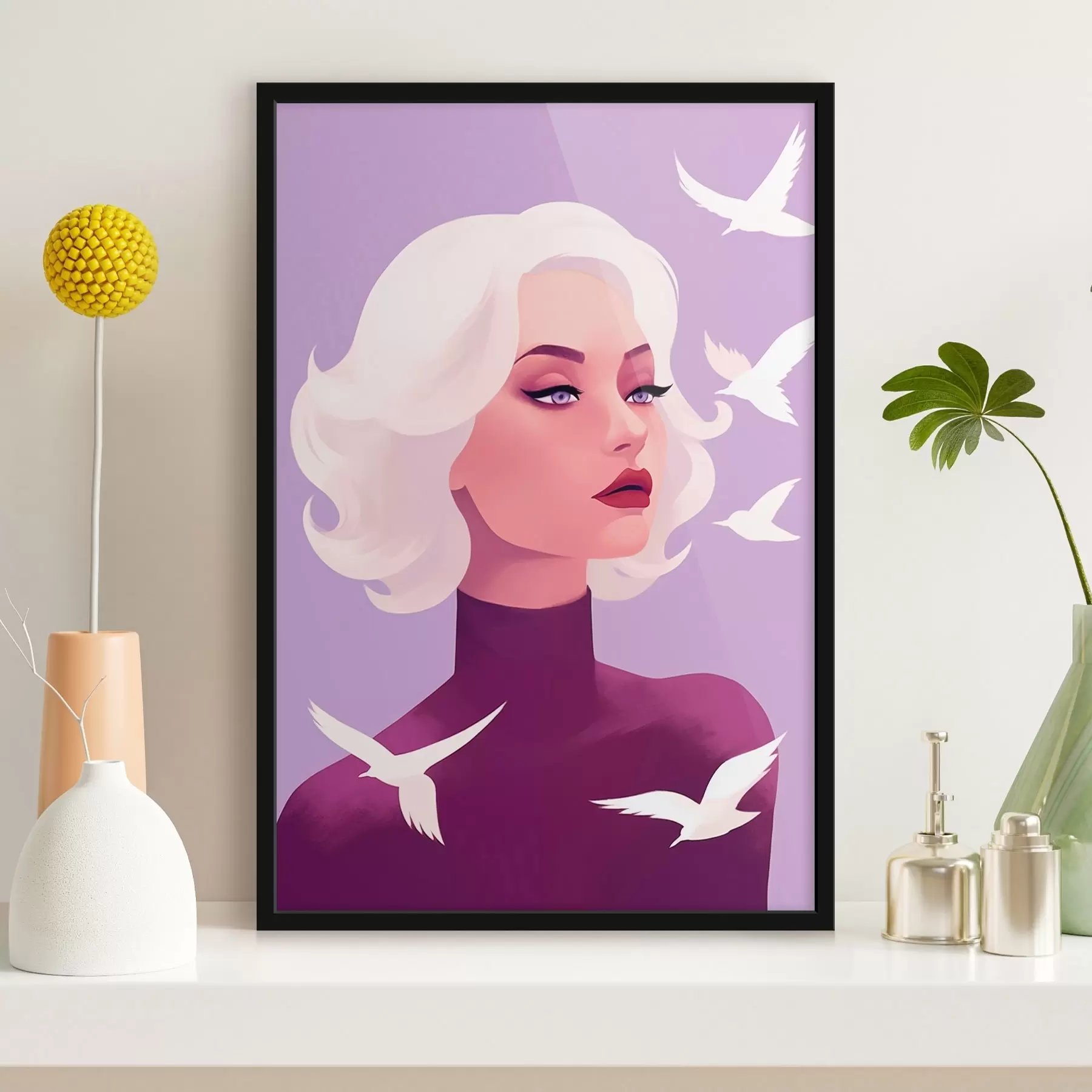 Fototapete Weibliches Porträt mit weißen Haaren auf dem Hintergrund mit Vögeln f44681