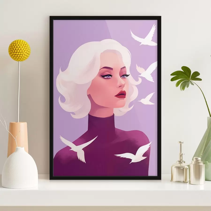 Fototapete Weibliches Porträt mit weißen Haaren auf dem Hintergrund mit Vögeln f44681