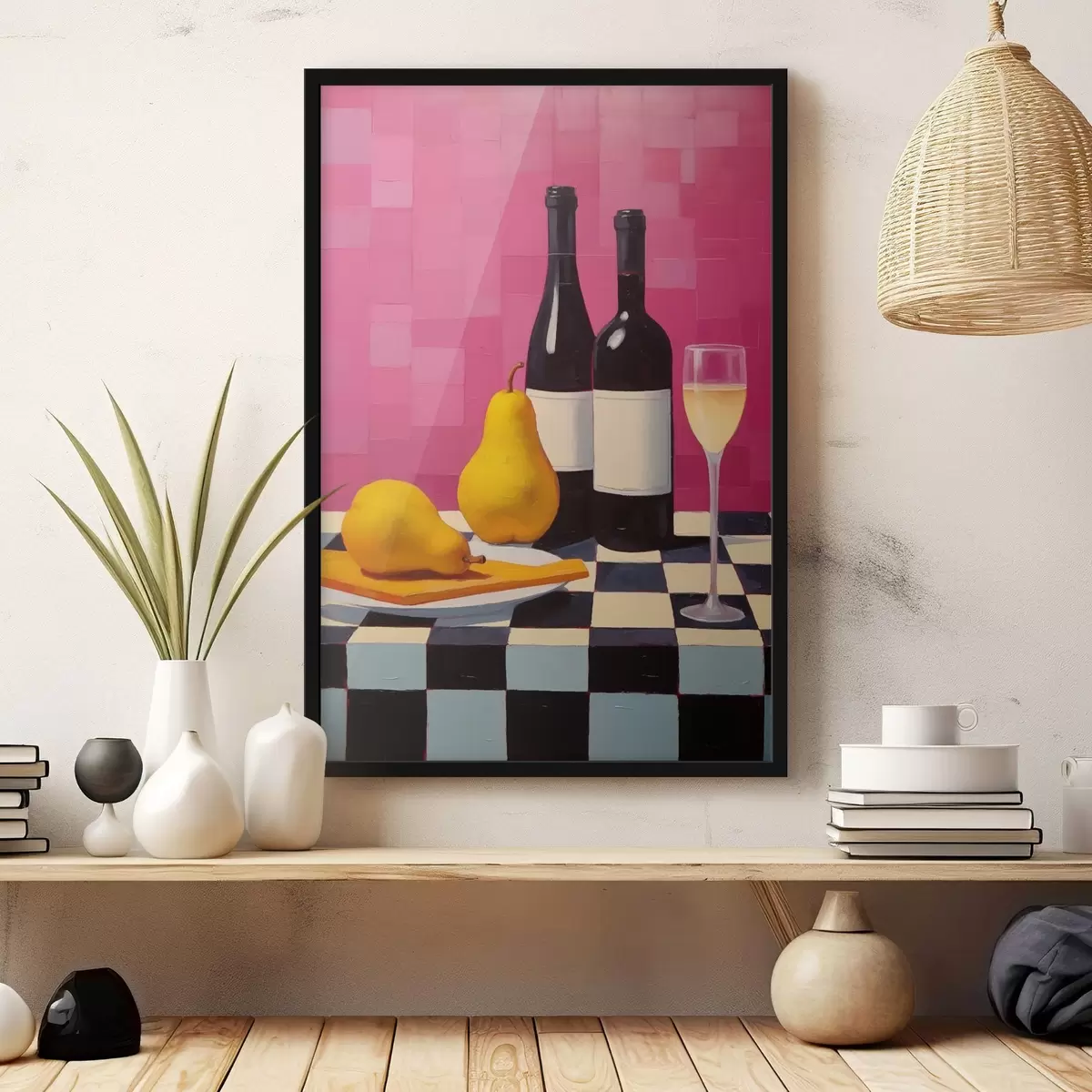 Poster Birnen, ein Glas Wein und zwei Flaschen Wein f44683