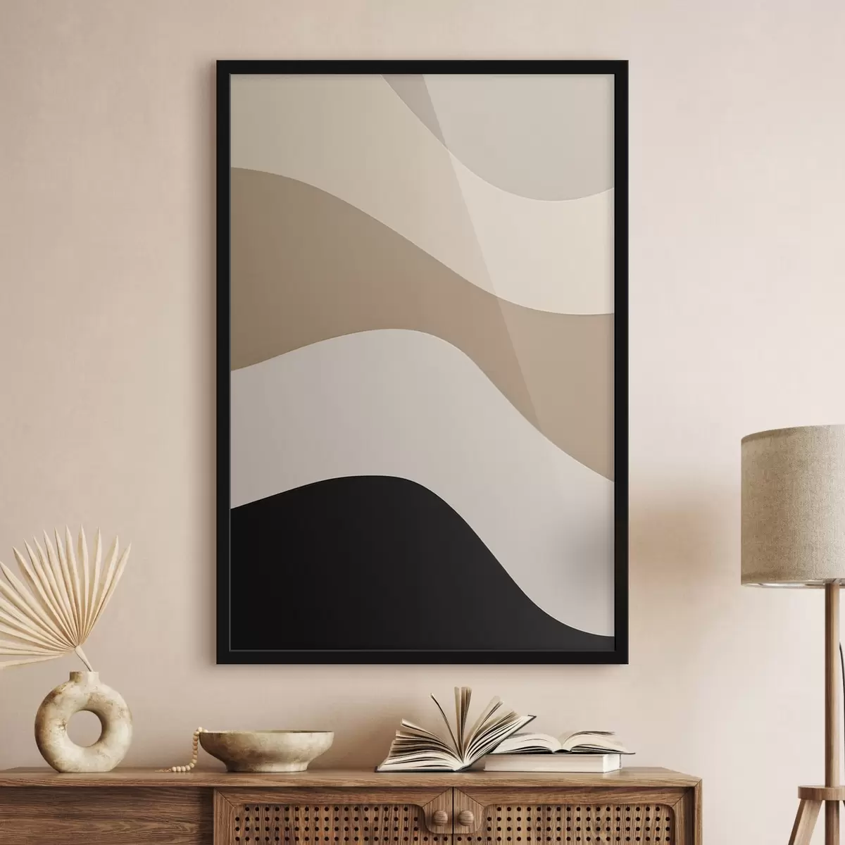 Poster Abstrakte Wellen in Beige und Schwarz f44687