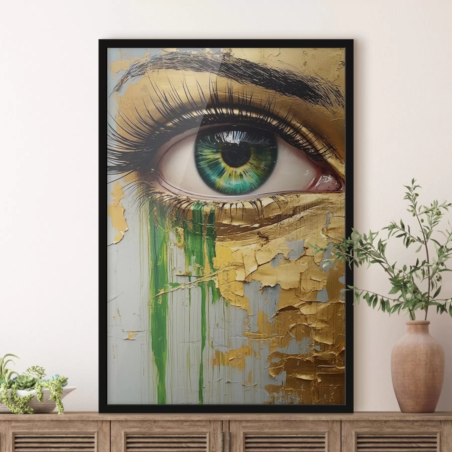 Wandbilder Grünes Auge auf dem Hintergrund von gerissener Farbe f44690
