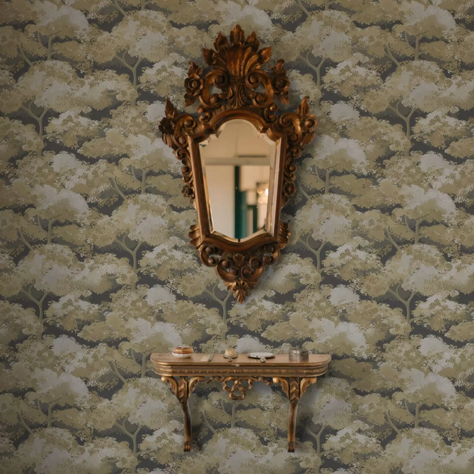 Fototapete Dunkles Waldmuster mit Bäumen in warmen Farben a00170