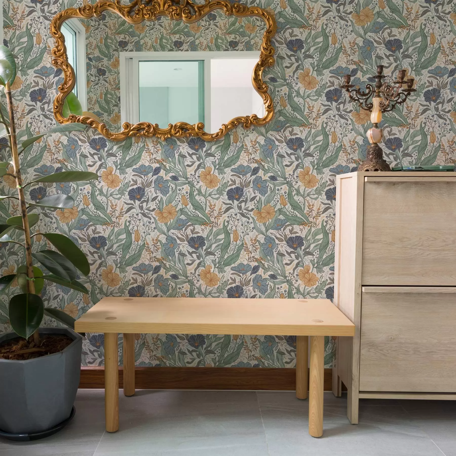 Fototapete Handgezeichnete Illustration von Wiesenblumen in warmen Farben a00180