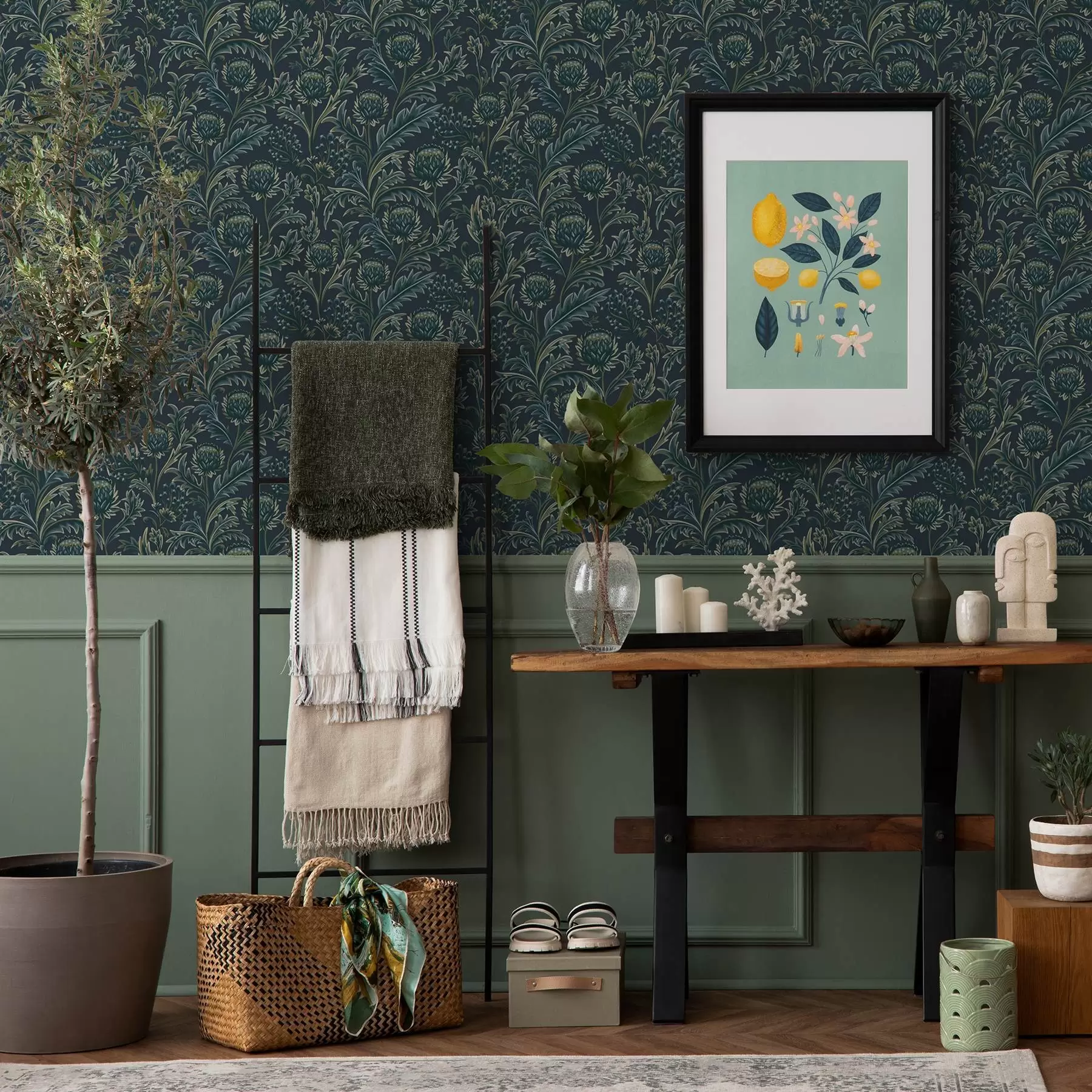 Fototapete Dunkelgrünes florales Muster mit Artischocken a00186