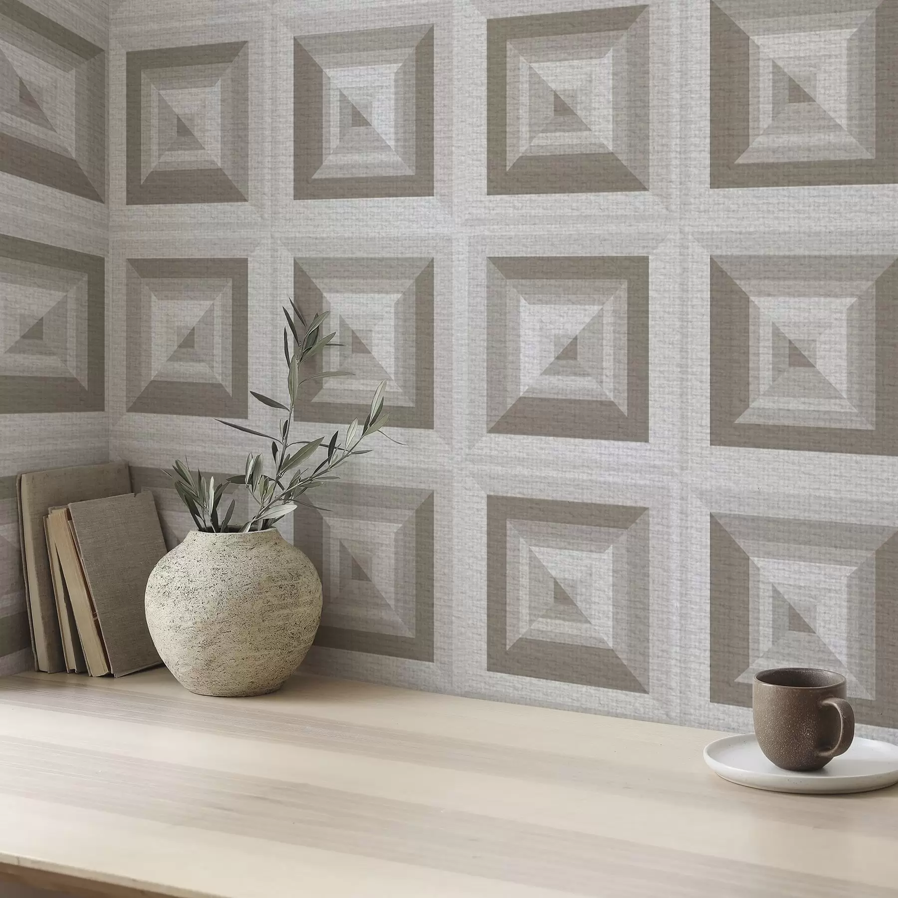 Fototapete Geometrisches dreidimensionales Muster in Grau und Beige a00187