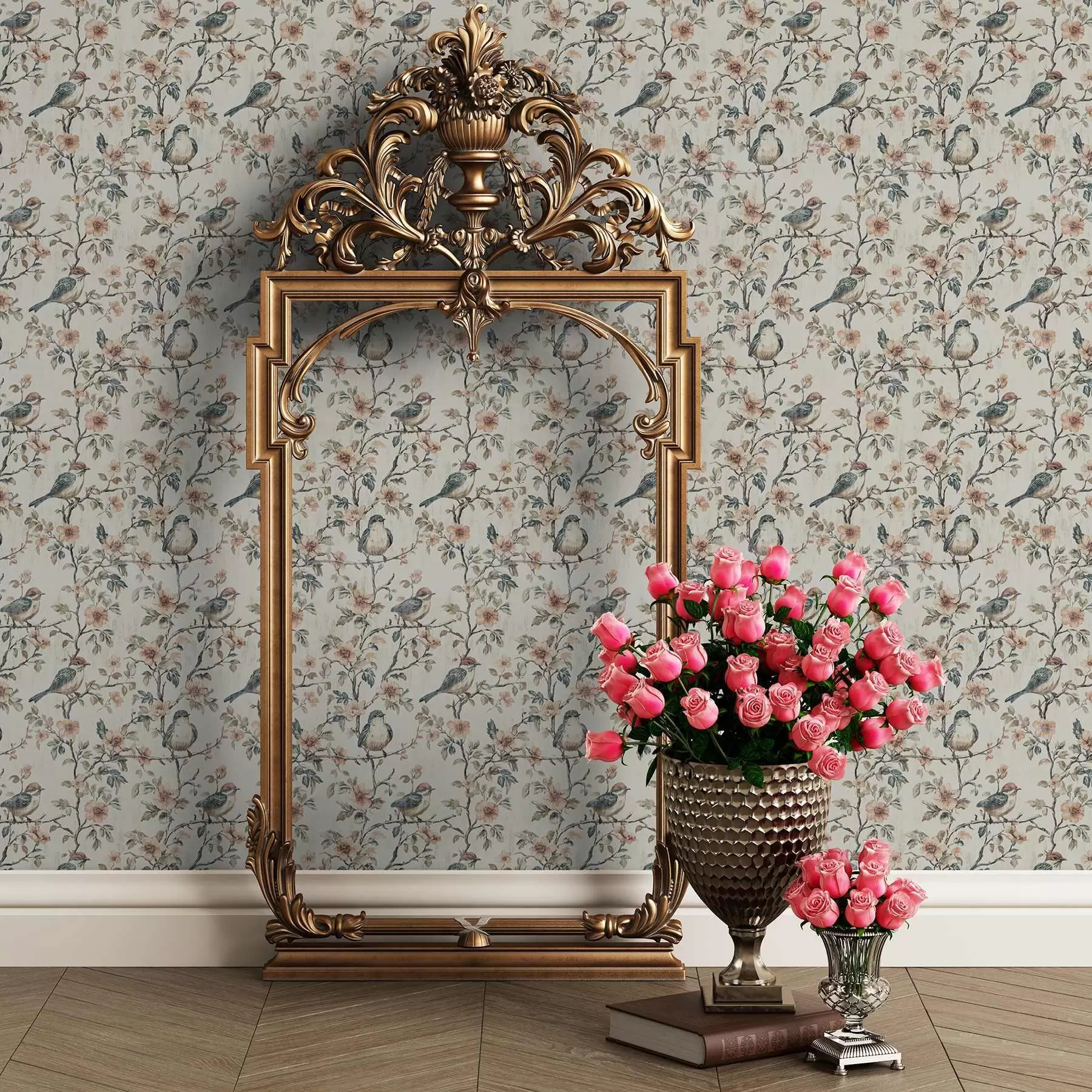 Fototapete Vögel auf Zweigen mit Blumen im Retro-Aquarell-Stil a00197