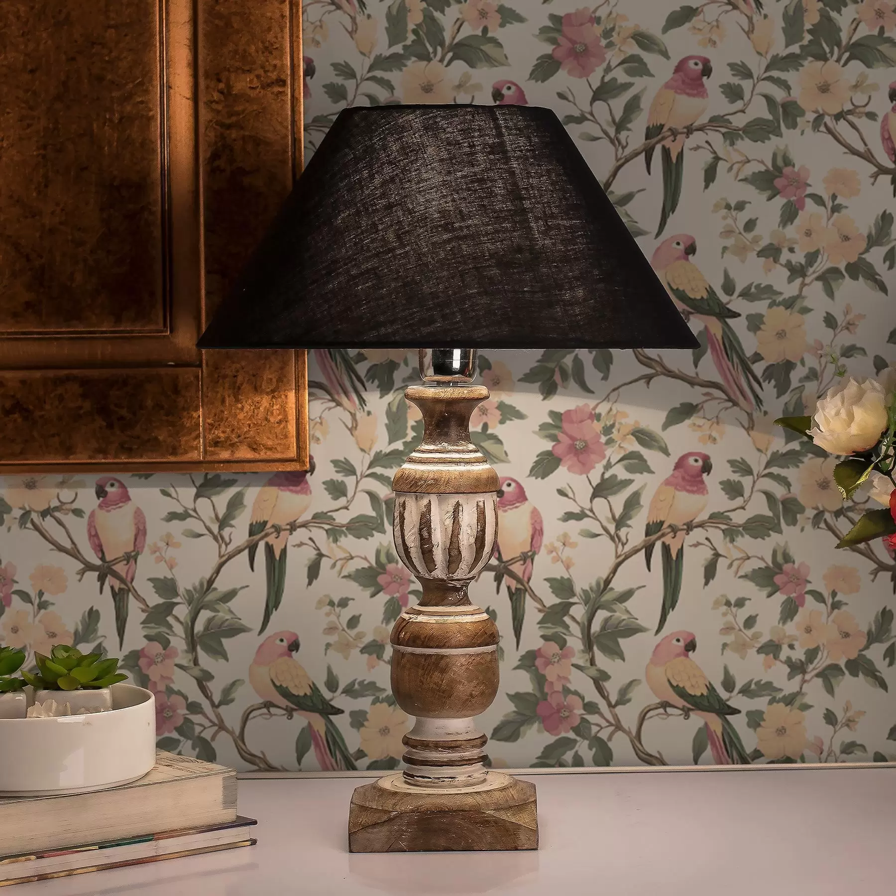 Fototapete Tropische Vögel auf blühenden Zweigen in Pastellfarben a00199