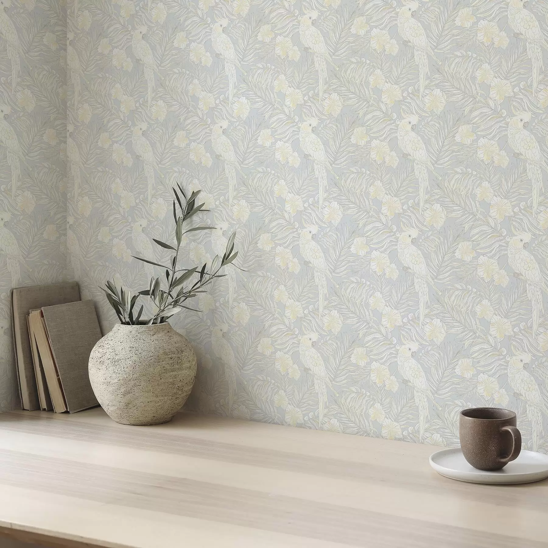 Fototapete Leichter tropischer Druck mit Kakadus und Blumen auf blauem Hintergrund a00203