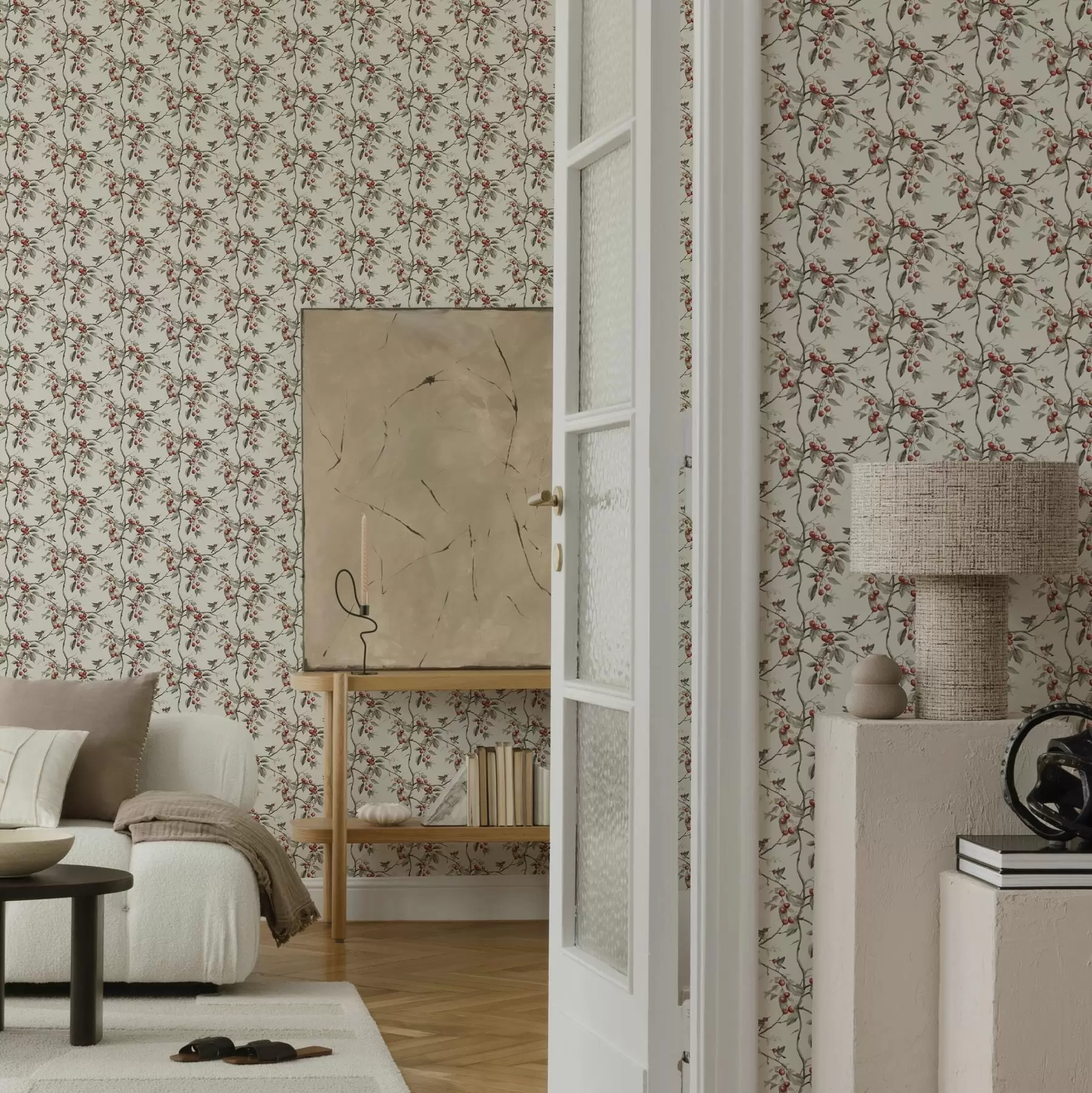 Fototapete Vögel zwischen Kirschzweigen mit roten Beeren a00206