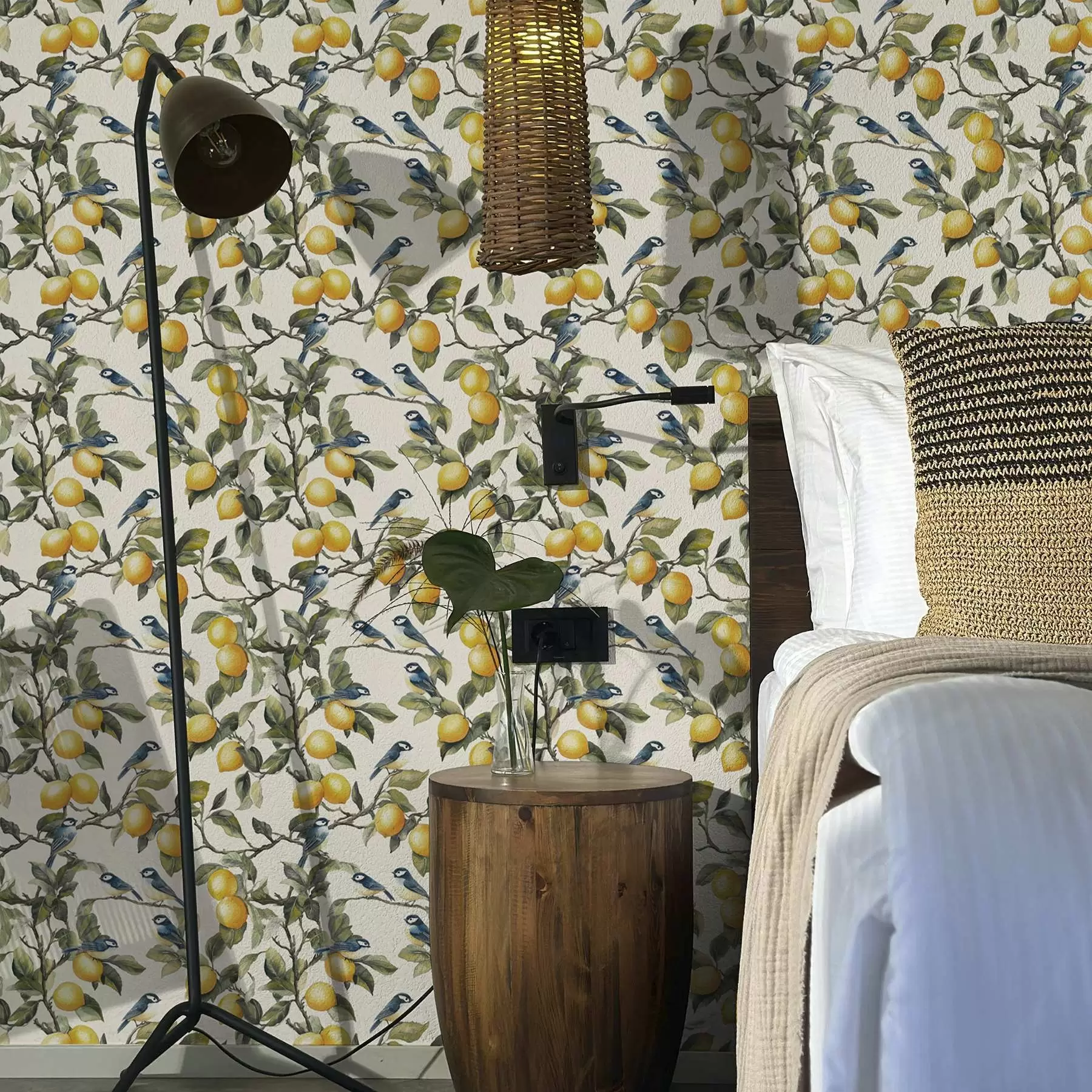 Fototapete Vögel und Zitronen auf den Zweigen, botanische Aquarellzeichnung a00207