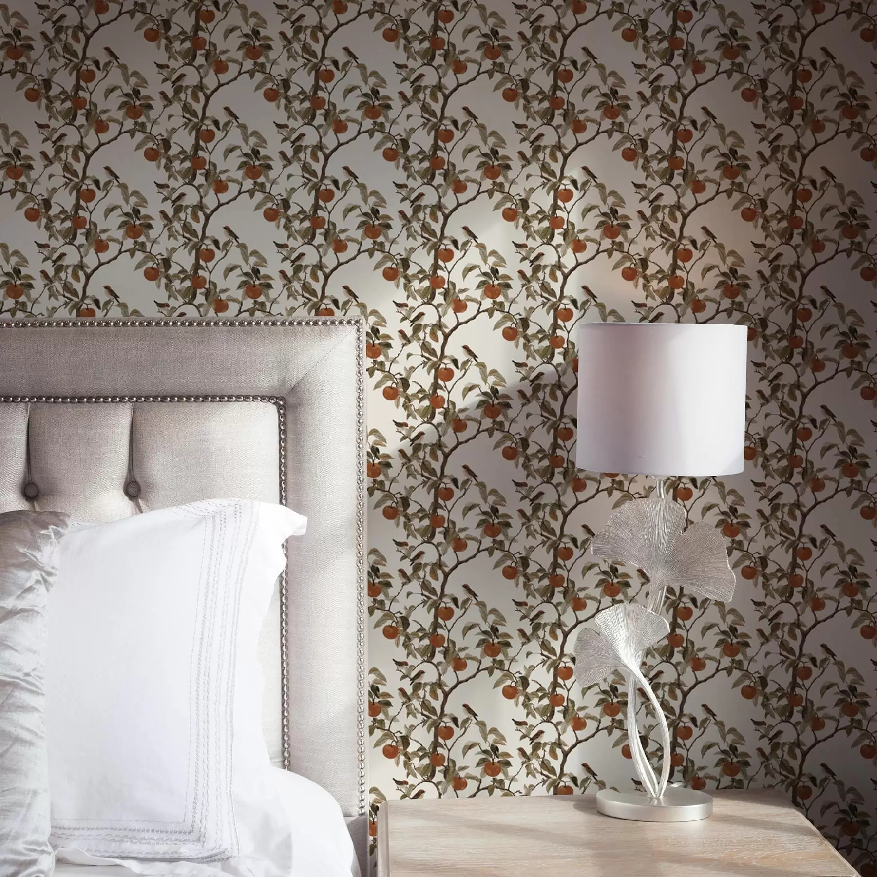 Fototapete Vögel und Orangen auf Zweigen, alte Botanik a00208