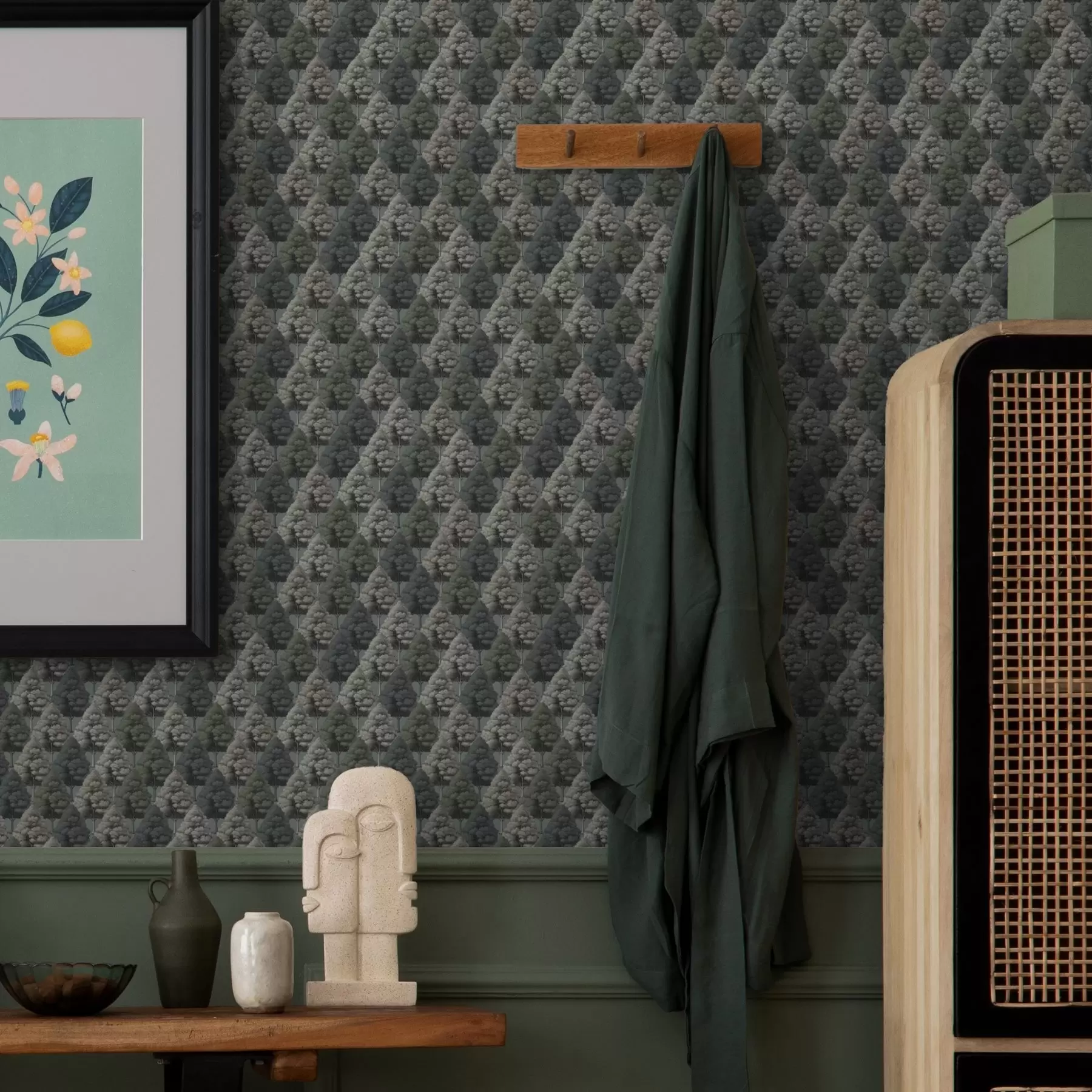 Fototapete Geometrisches Waldmuster mit Bäumen in grünen Farben a00209