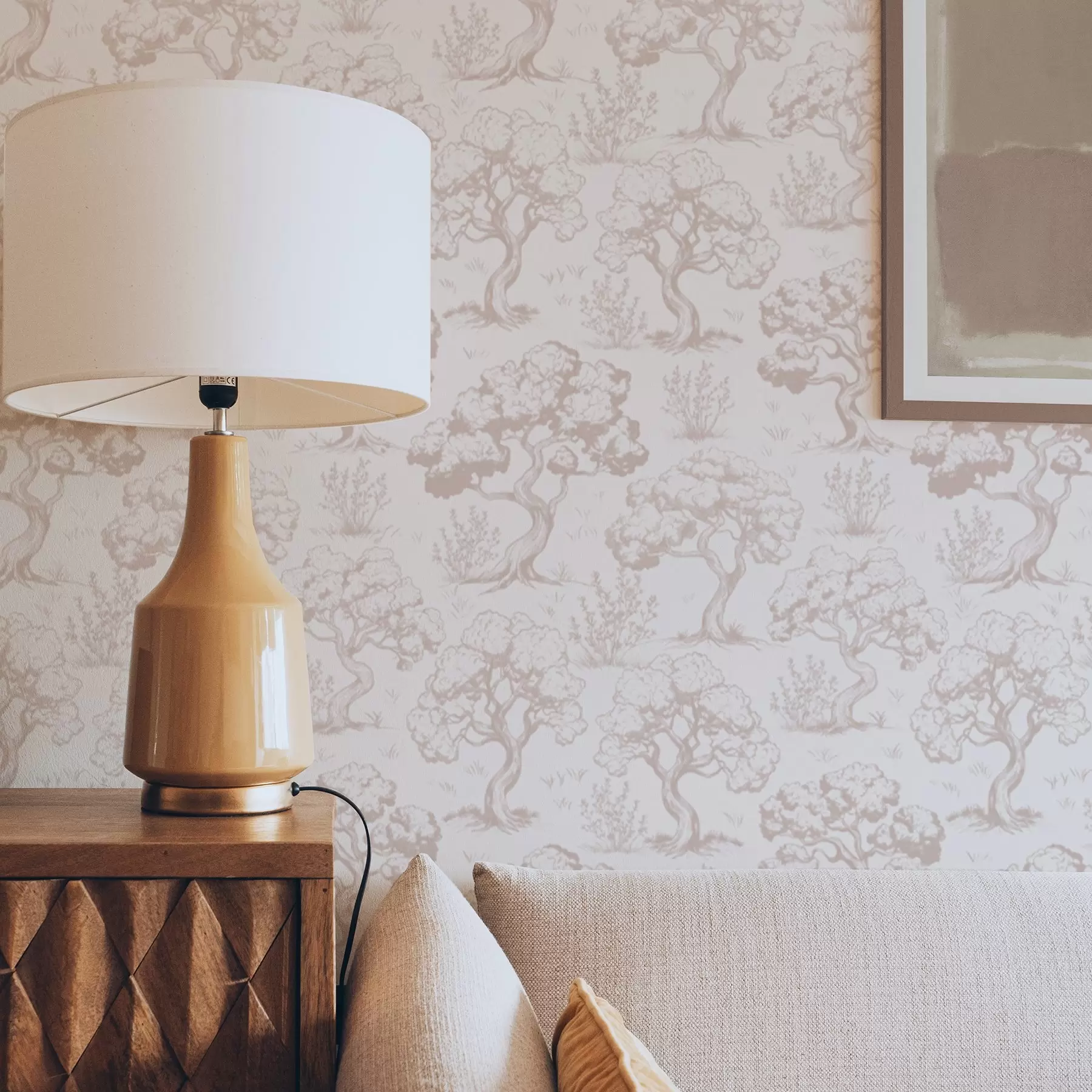 Fototapete Monochromatische Silhouetten von Bäumen im Vintage-Stil, beige Farbgebung a00210