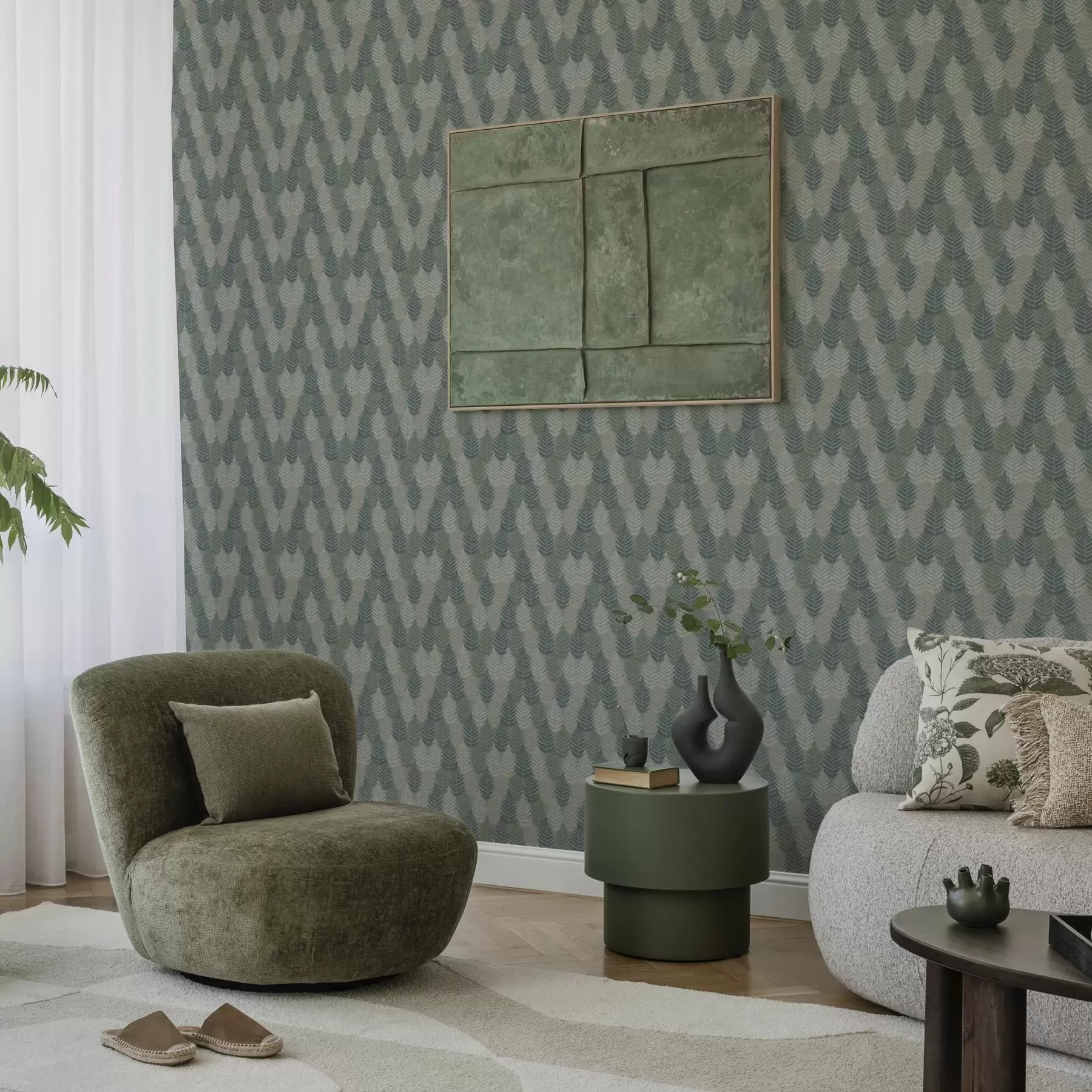 Fototapete Farnblätter, geometrisches Muster, grüne und blaue Farben a00211