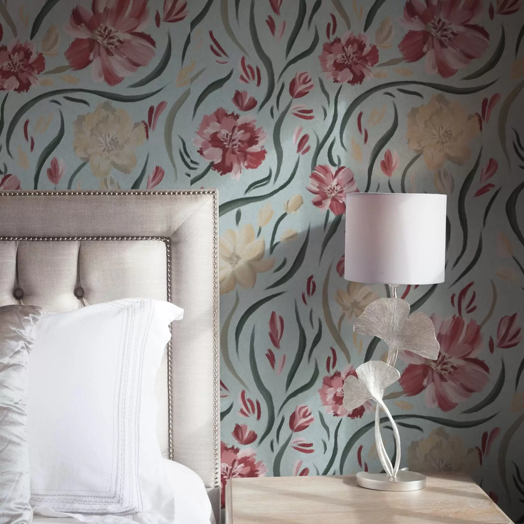 Fototapete Aquarell Blumen auf blauem Hintergrund, rot und beige Muster a00216