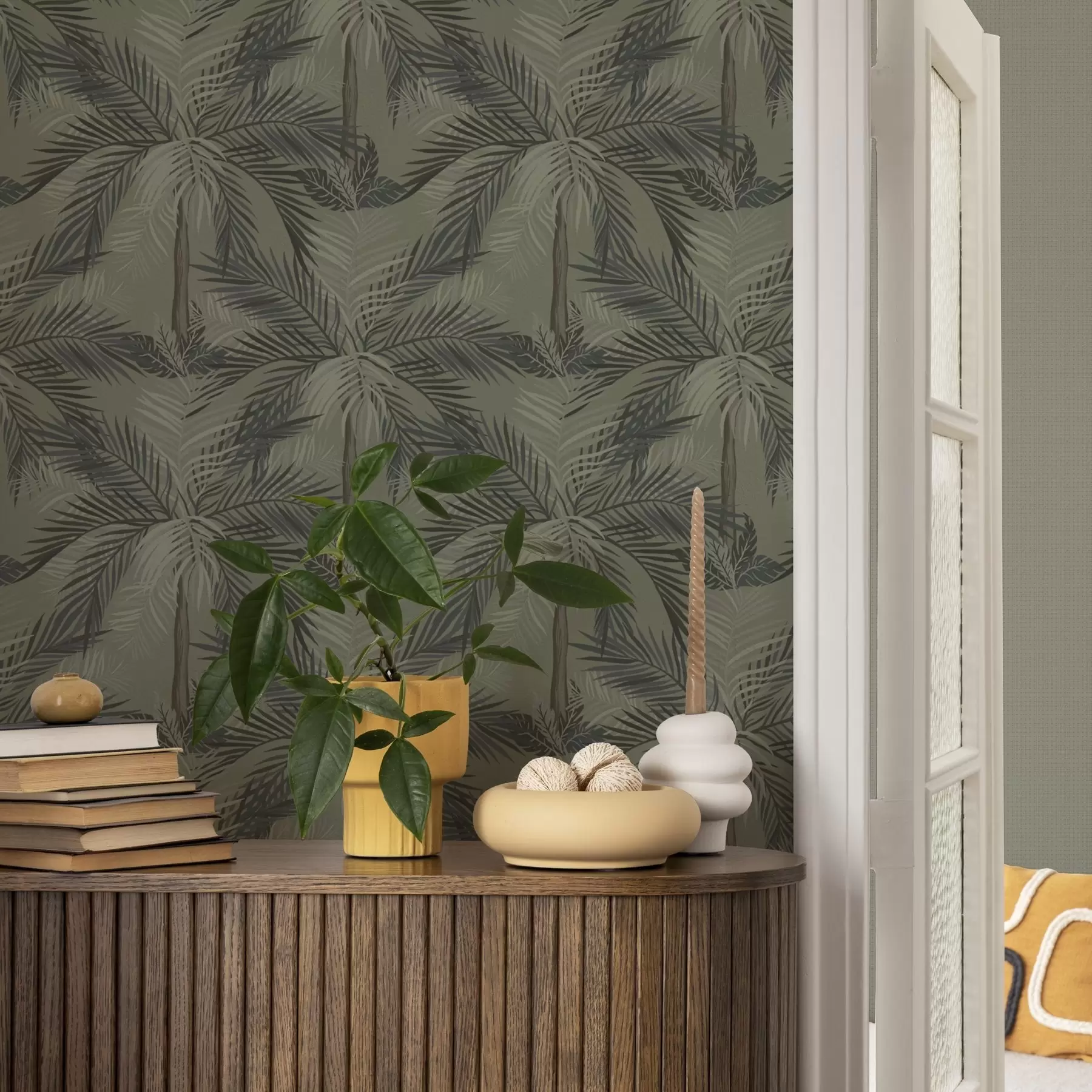 Fototapete Palmenblätter auf olivgrünem Hintergrund, Dschungel, Tropen a00217