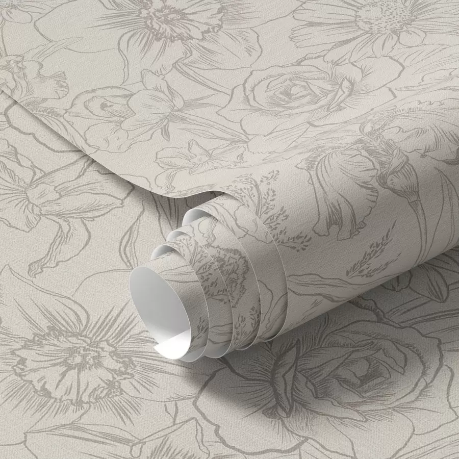 Fototapete Konturenblumen auf cremefarbenem Hintergrund, zartes Blumenmuster a00218