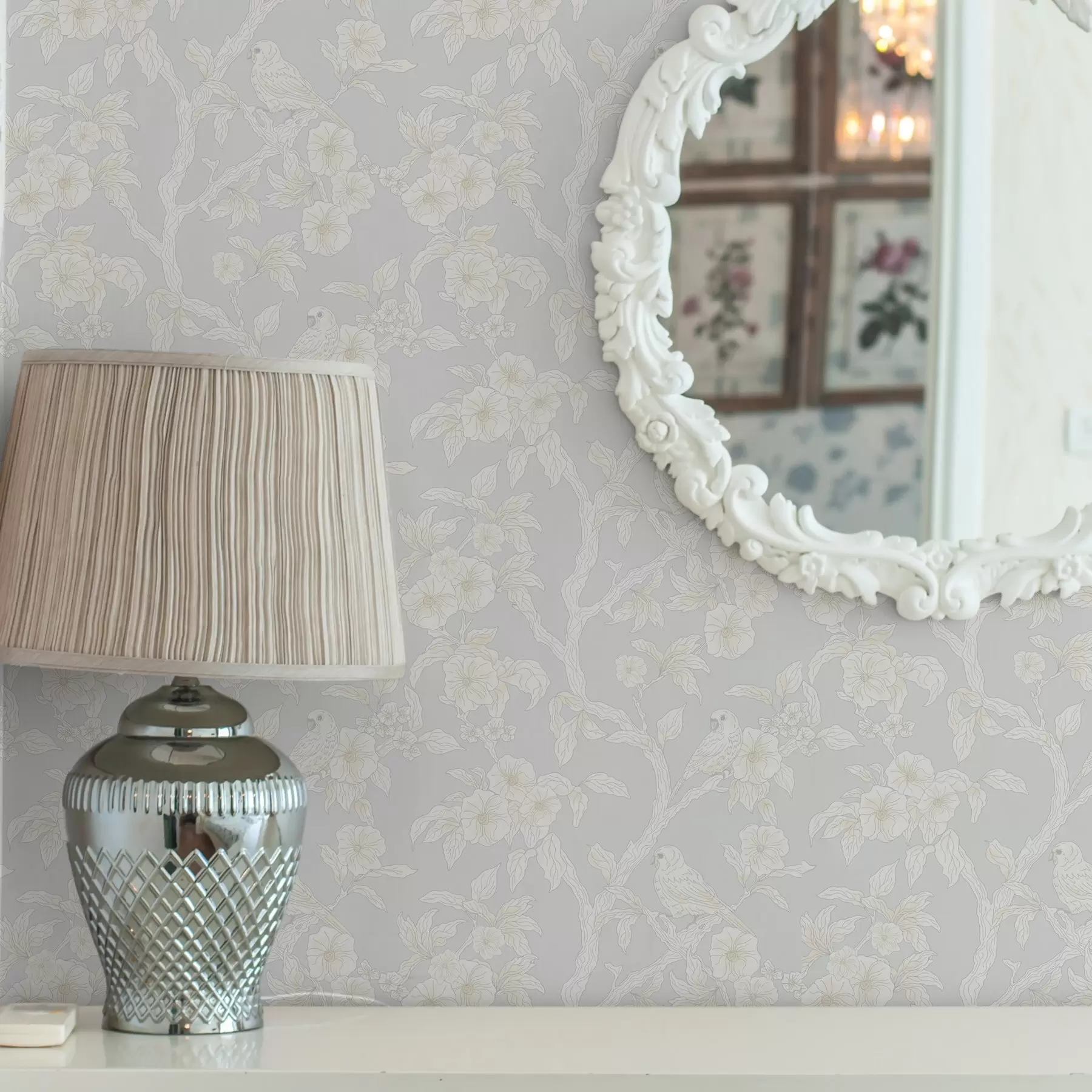 Fototapete Leichtes Muster von Vögeln auf Ästen, Pastellfarben, klassisch a00230