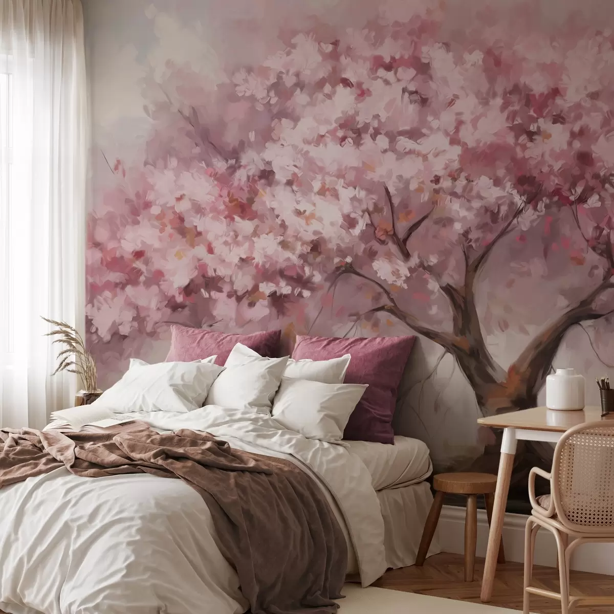 Fototapete Abstrakte rosa Blüte Baum in voller Blüte, neben einem Fluss, weich strukturierte Pinselstriche und Pastellfarben w09193
